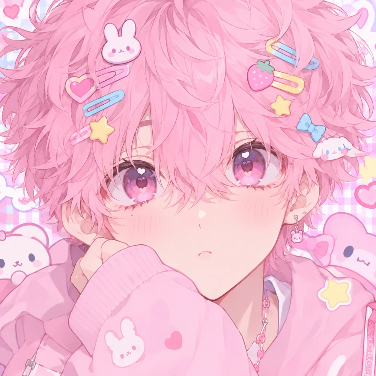 cute cutecore anime boy pfp with fluffy pink hair and colorful hair clips