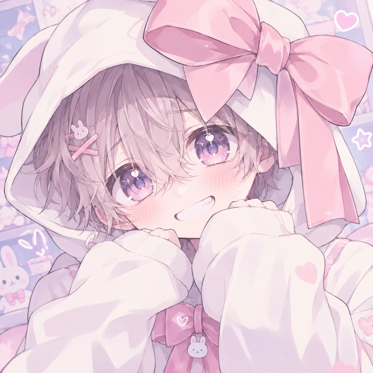moe style cutecore anime boy pfp in a hoodie with a big ribbon bow