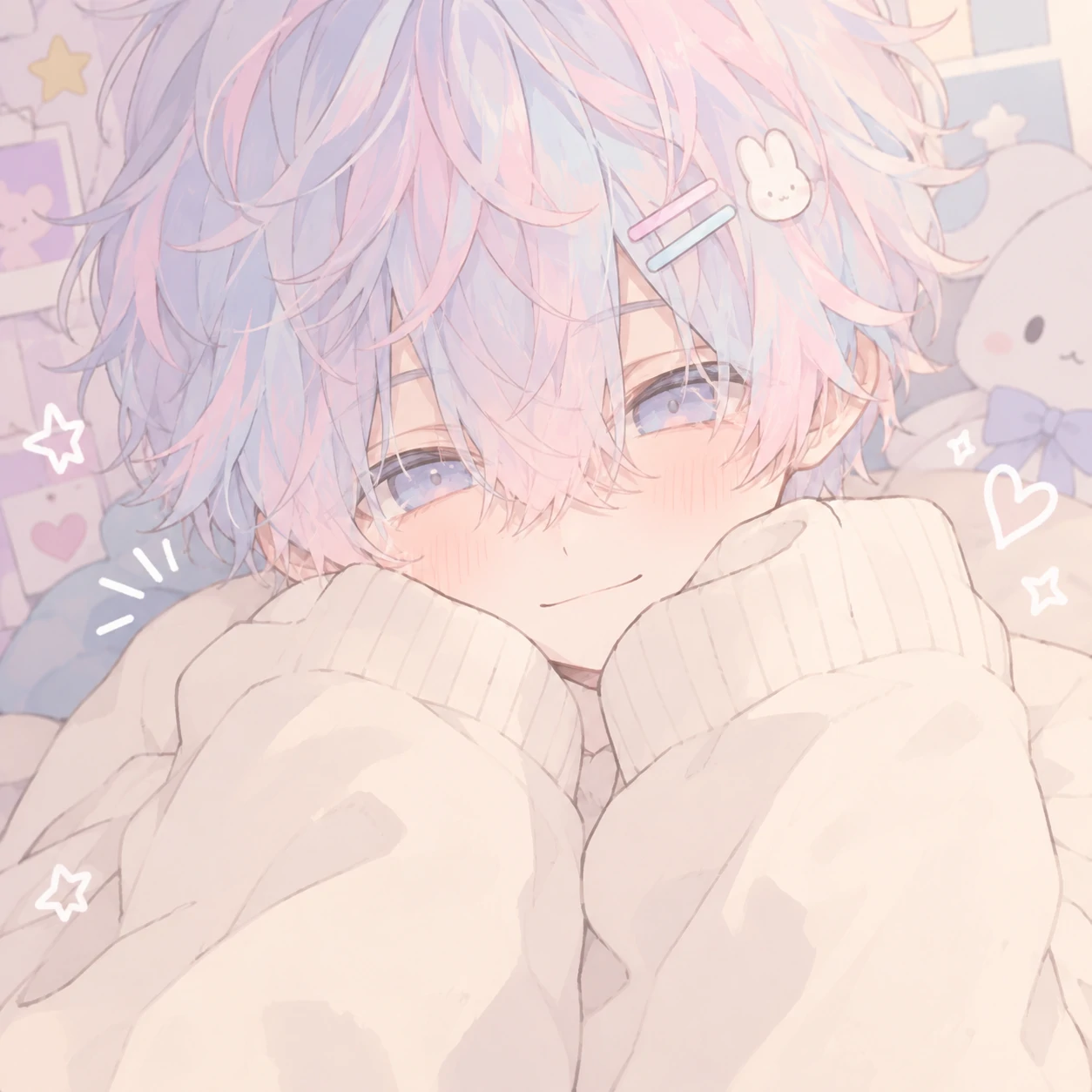 cutecore boy pfp of a pastel-haired anime boy hiding in an oversized sweater