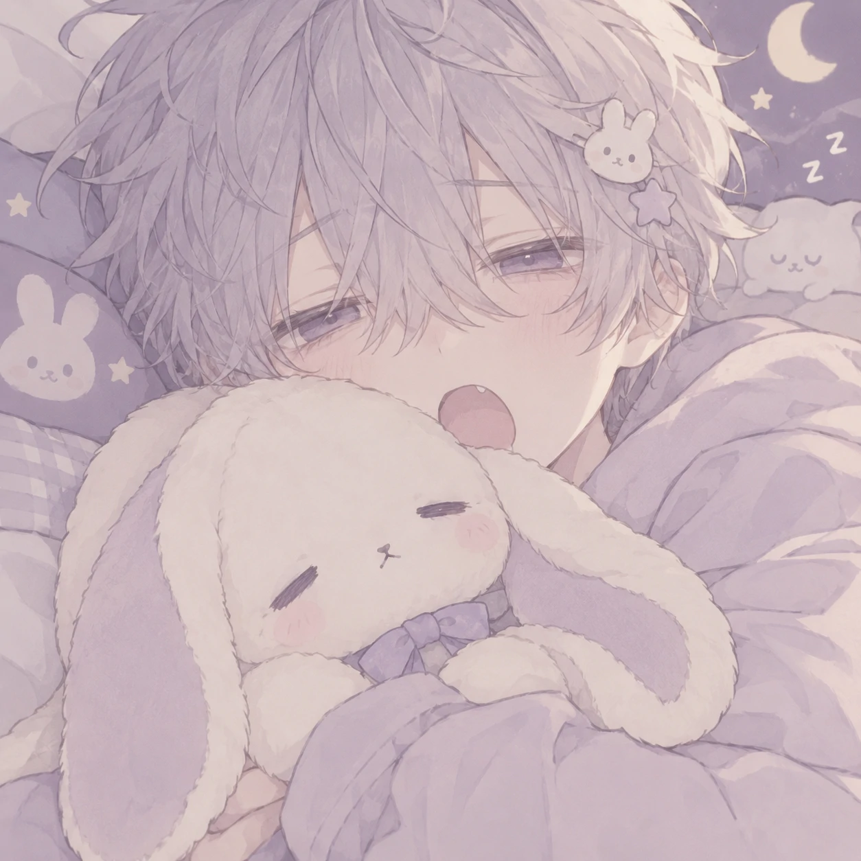 sleepy cutecore boy profile picture holding a floppy-eared plush bunny