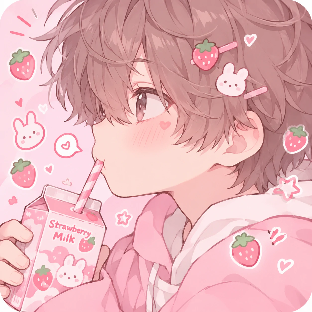 kawaii cutecore boy pfp sipping strawberry milk through a striped straw