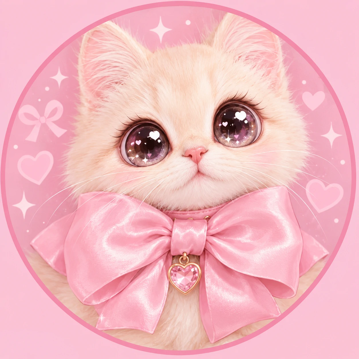cute cutecore cat pfp portrait of a cream cat with an oversized pink bow collar