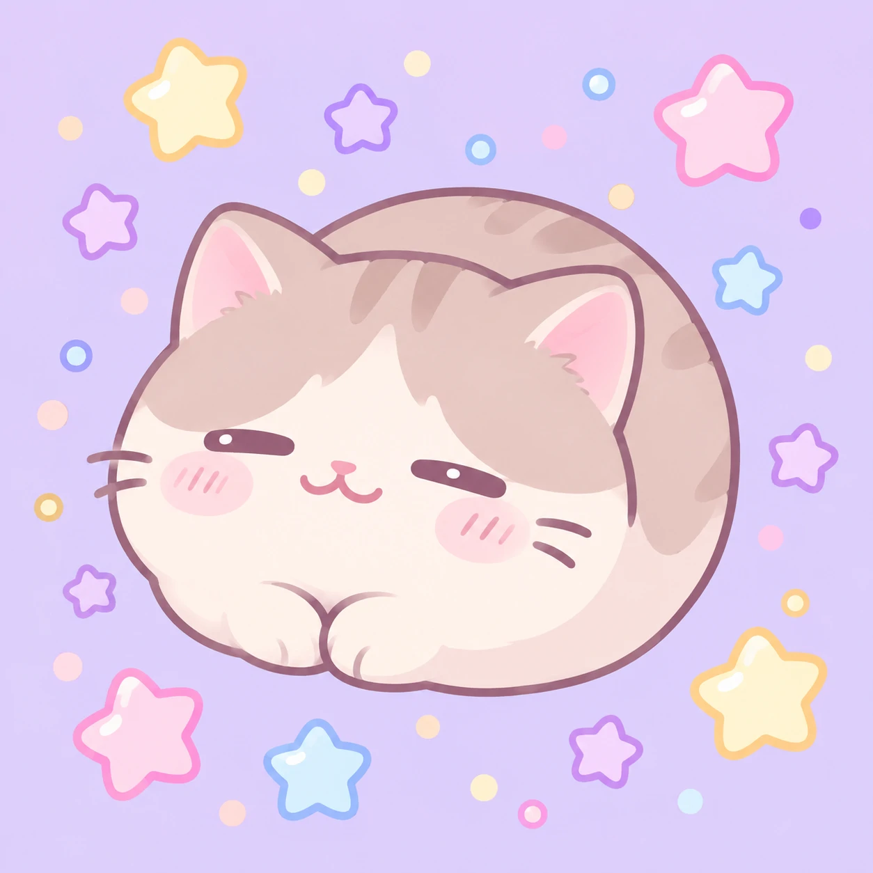 pastel cutecore pfp of a round cat loaf surrounded by tiny floating stars