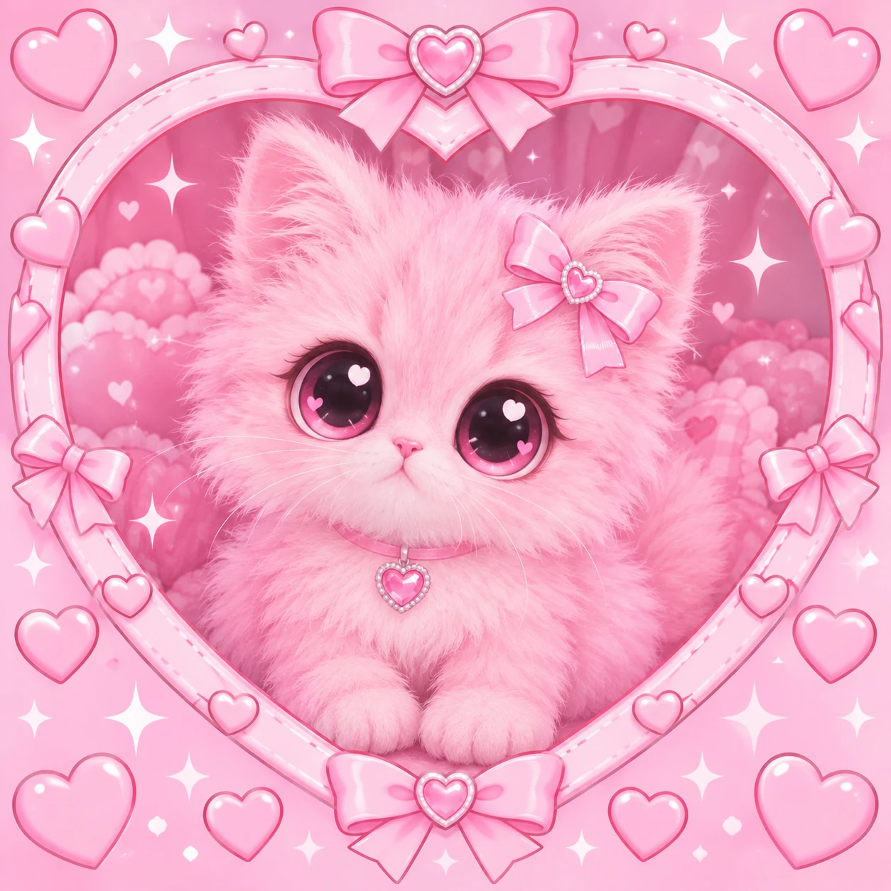 cutecore cat pfp of a fluffy pink kitten sitting inside a heart-shaped frame