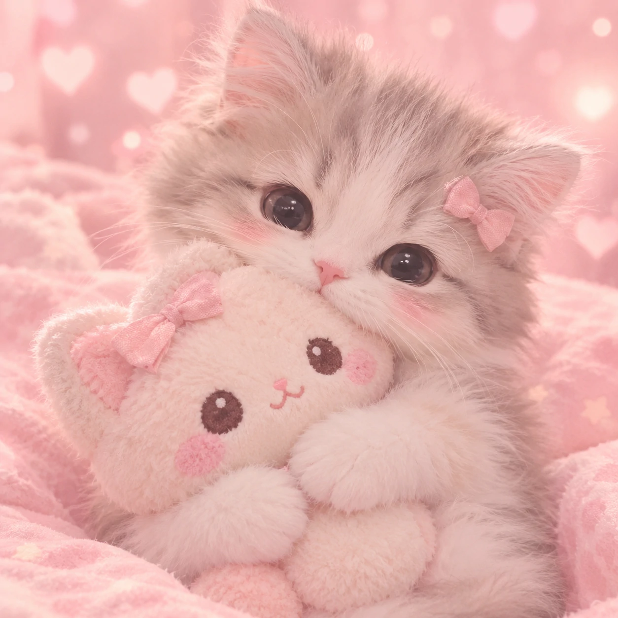 soft cutecore kitten pfp hugging a small plush toy with a pastel background