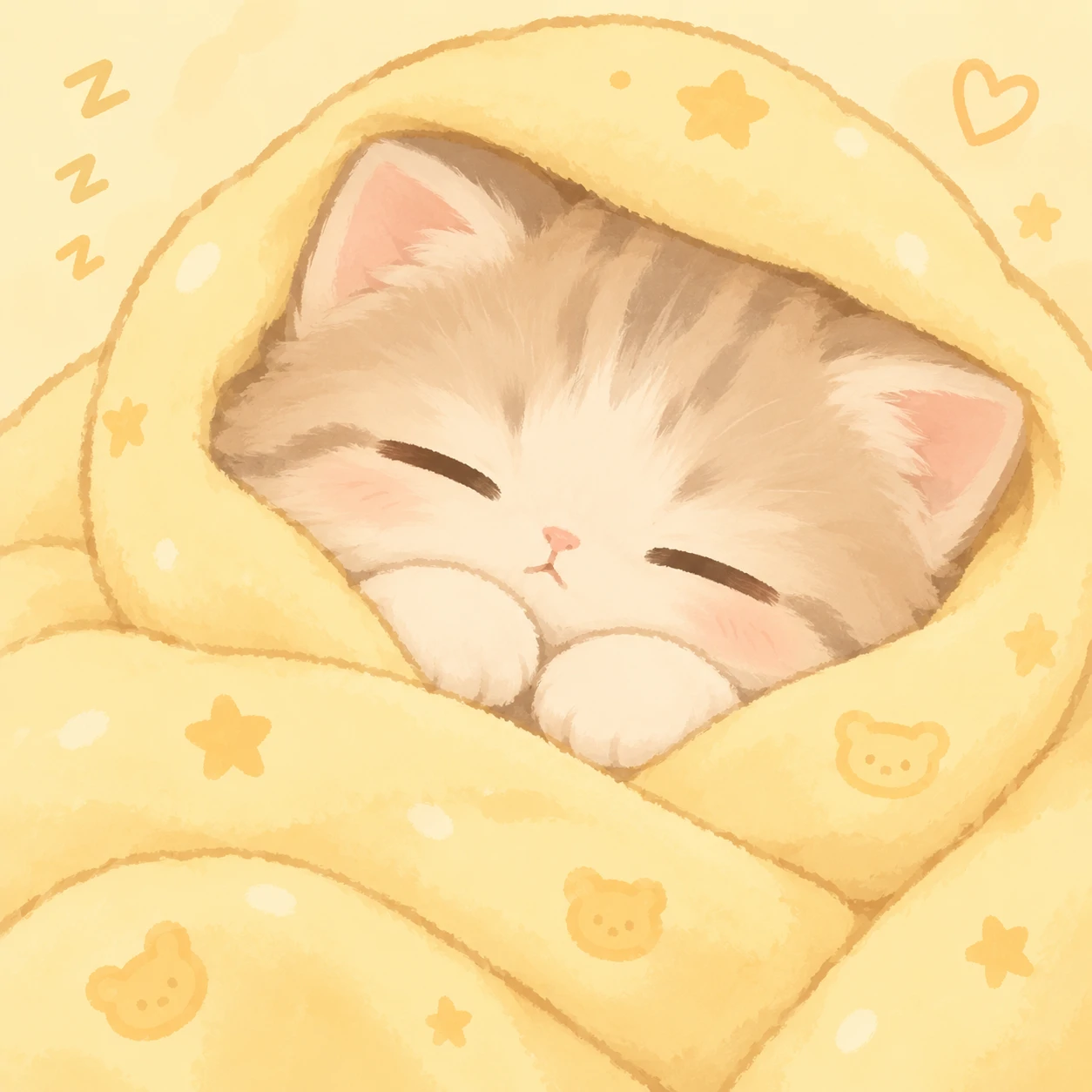 sleepy cutecore kitten pfp wrapped in a pastel yellow blanket with closed eyes
