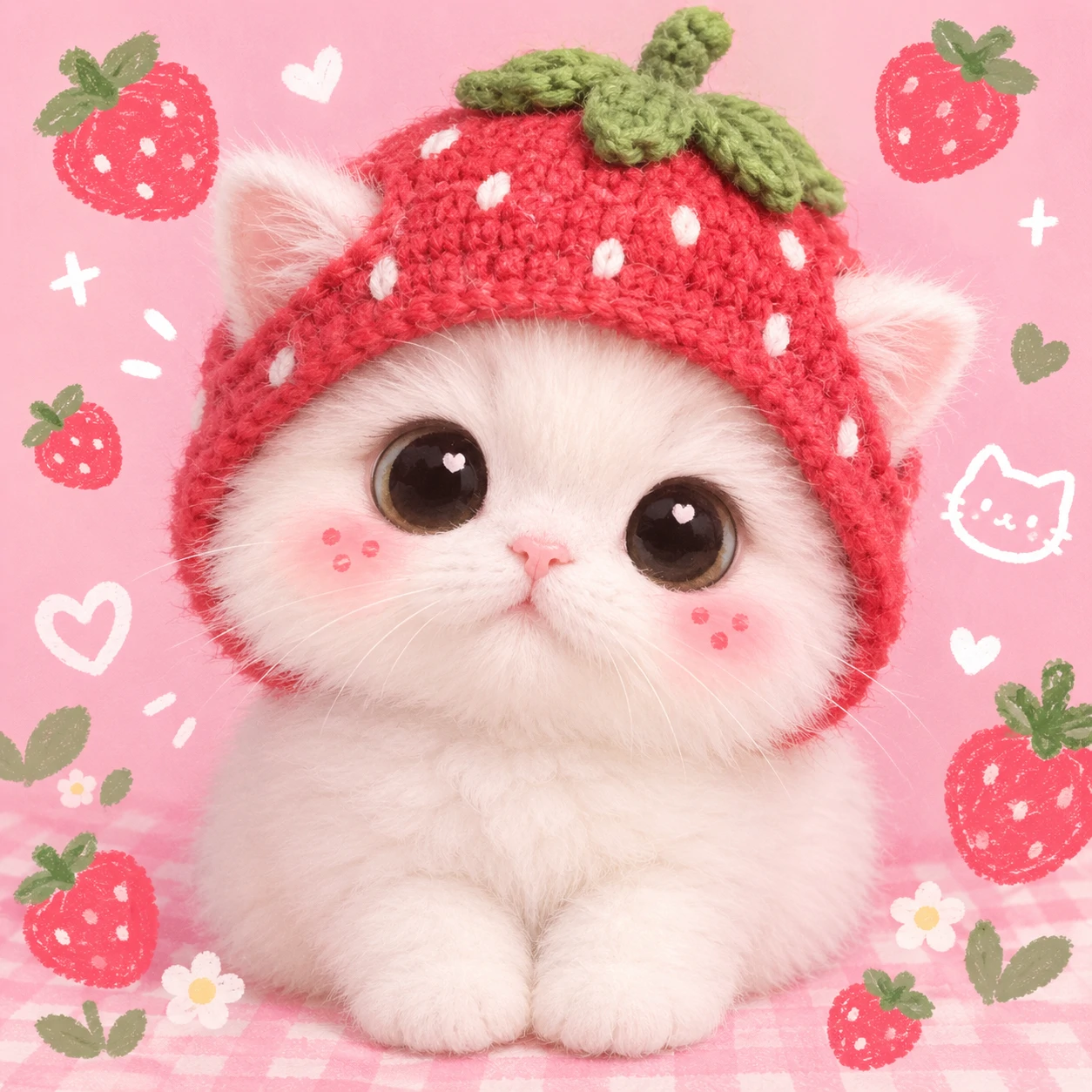 kawaii cutecore cat profile picture of a white kitty wearing a strawberry hat