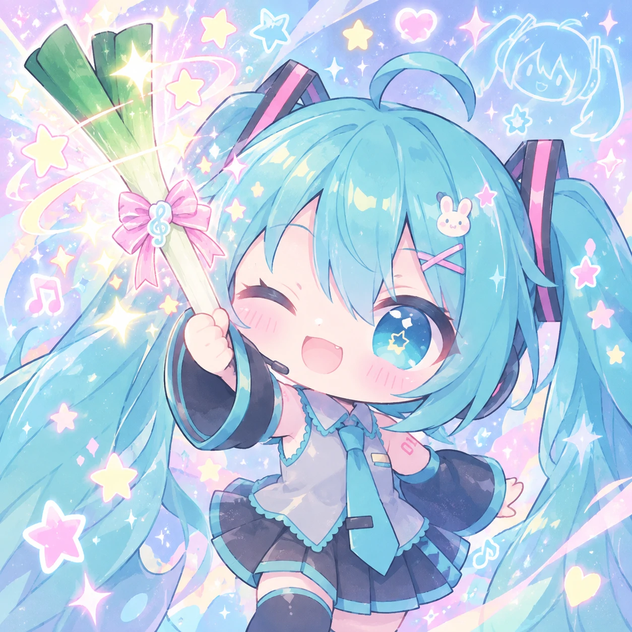 chibi cutecore Miku pfp holding her leek like a magic wand with sparkles