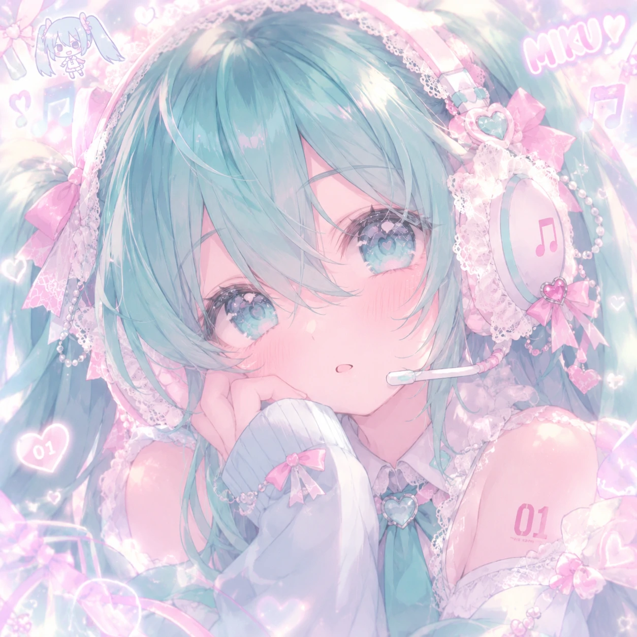 pastel cutecore Miku profile picture with lace-trimmed headphones and soft glow