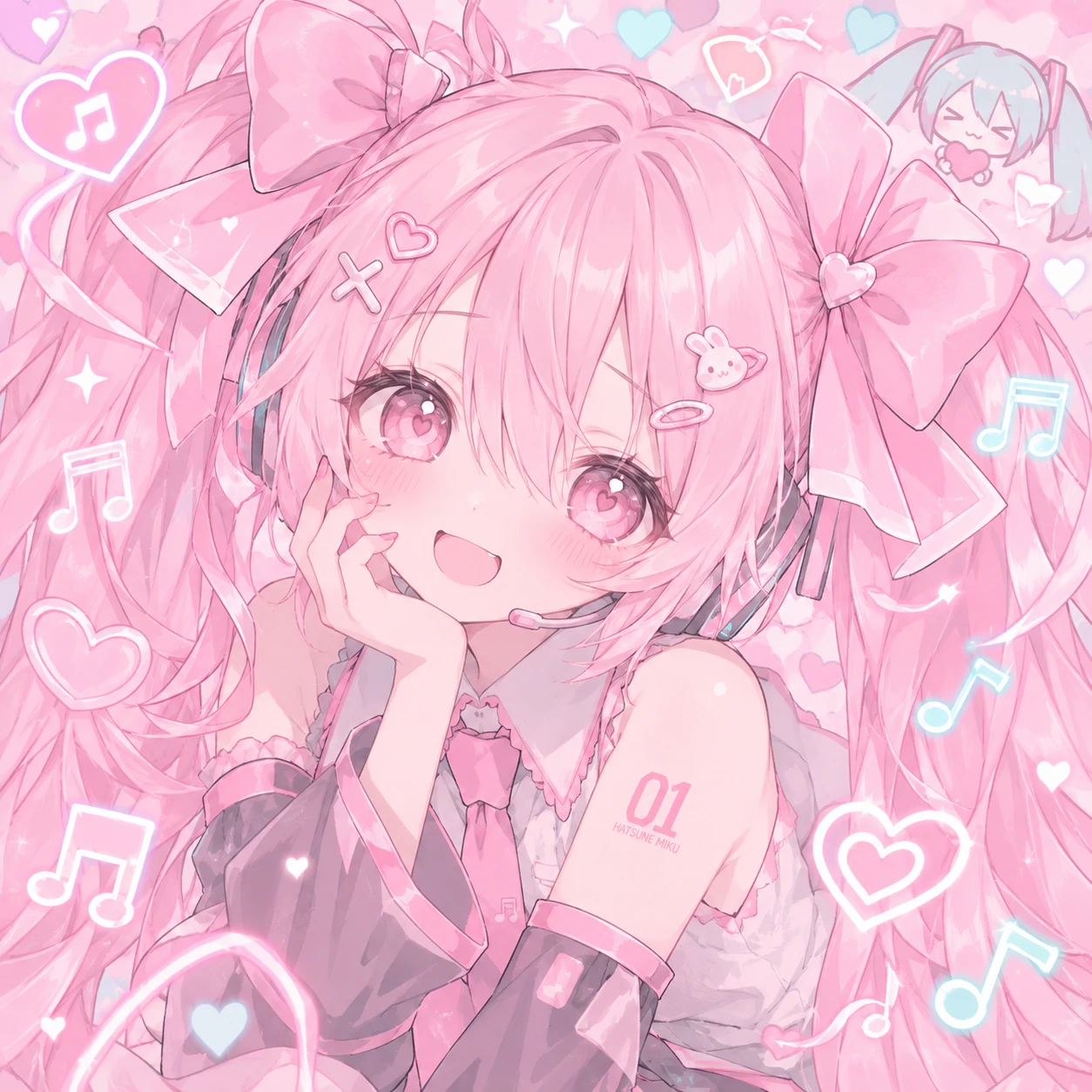 cutecore Miku pfp with pastel pink twintails and oversized ribbon bows