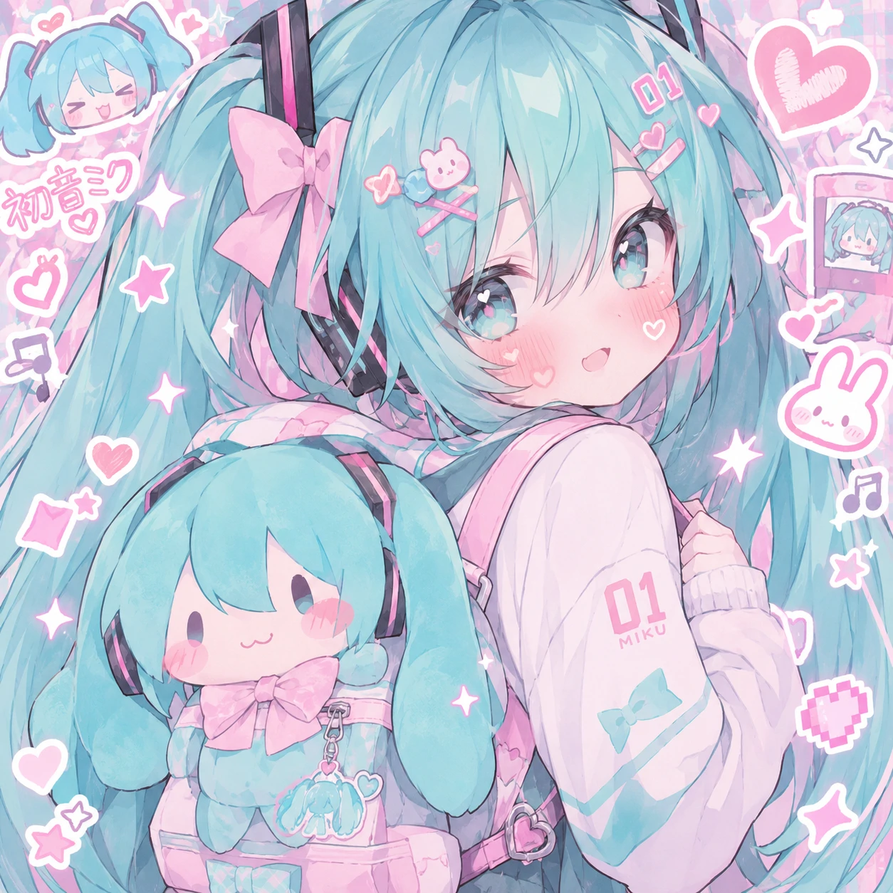 kawaii cutecore Hatsune Miku pfp carrying a plush toy backpack with blushing cheeks