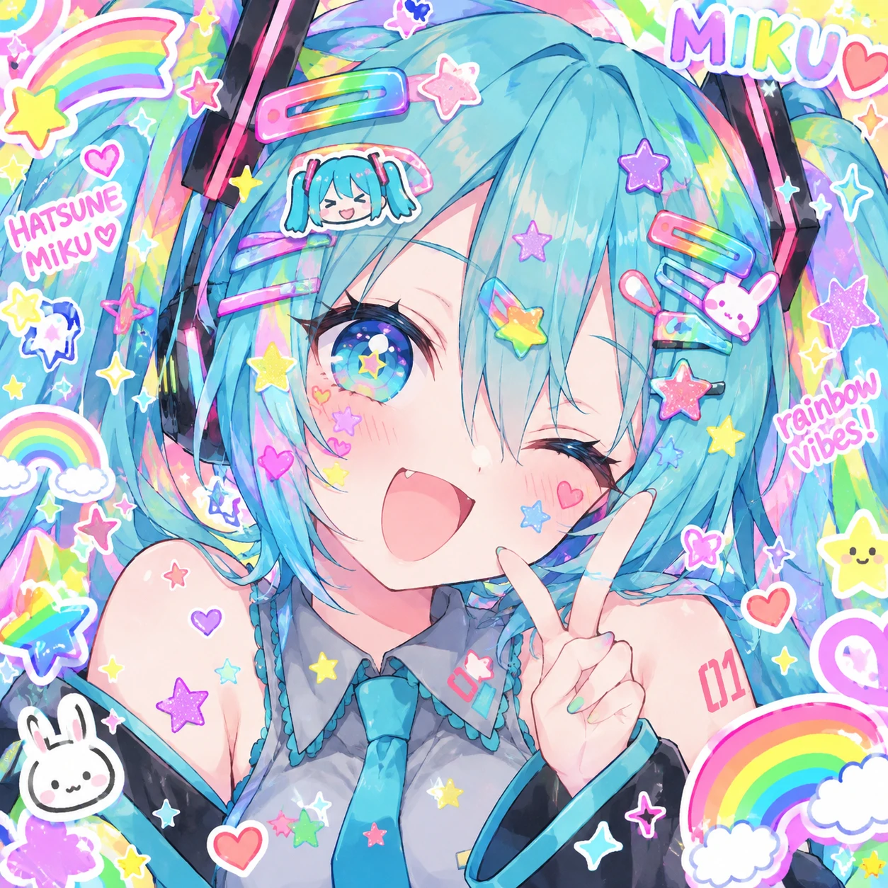 colorful cutecore Miku pfp with rainbow gradient hair clips and star stickers