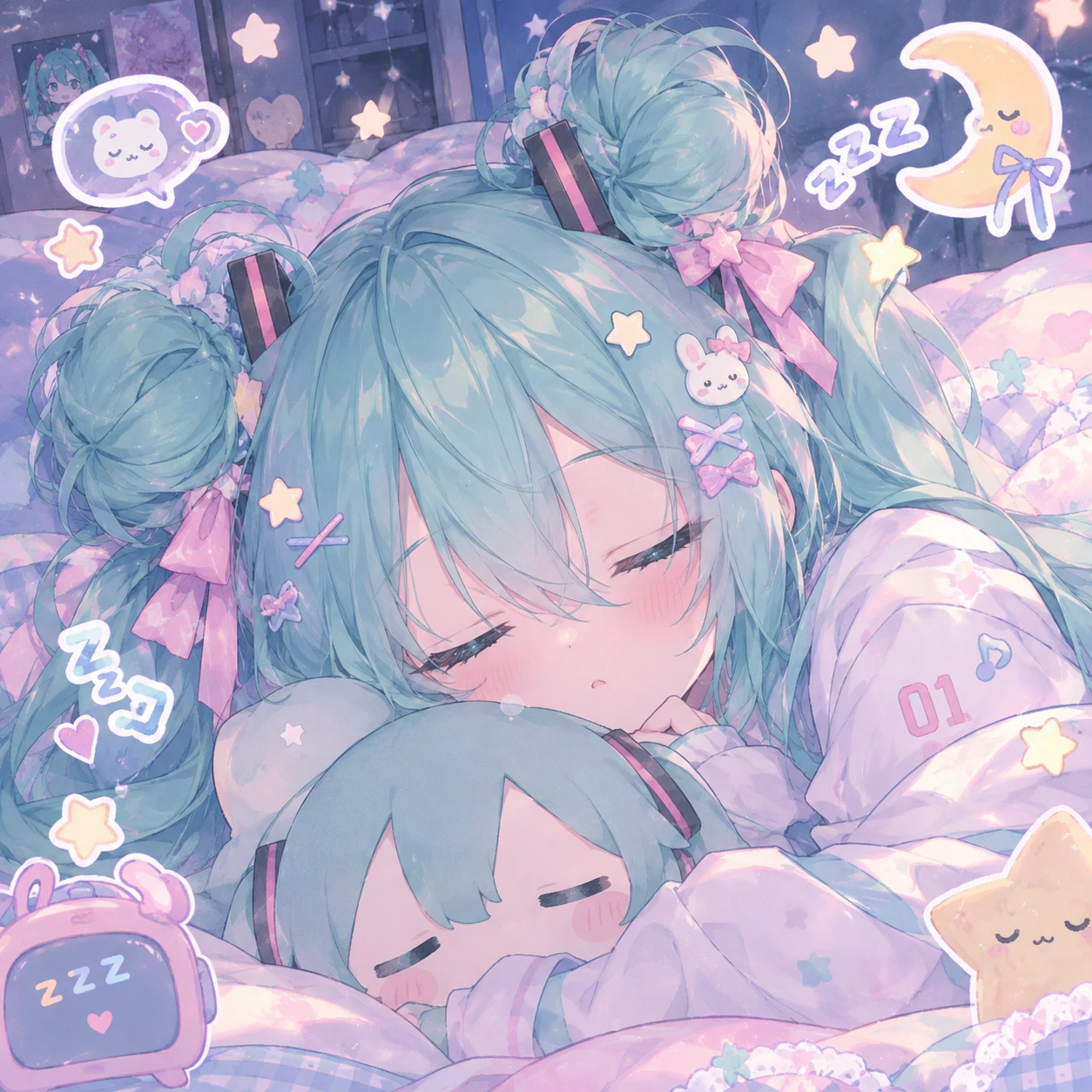 sleepy cutecore Miku pfp with twintails tied into fluffy buns and closed eyes