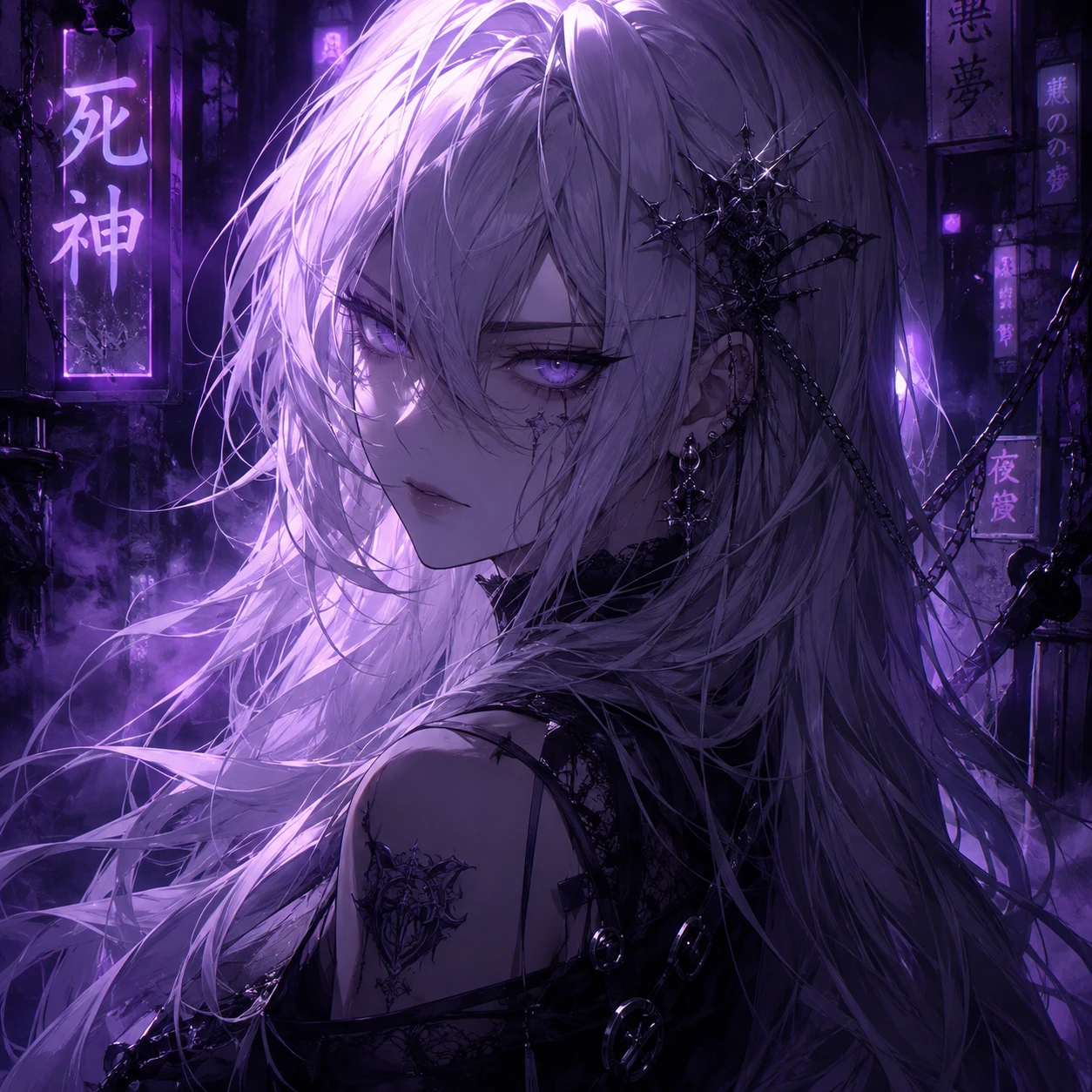 Dark aesthetic anime girl pfp with long silver hair and moody purple lighting