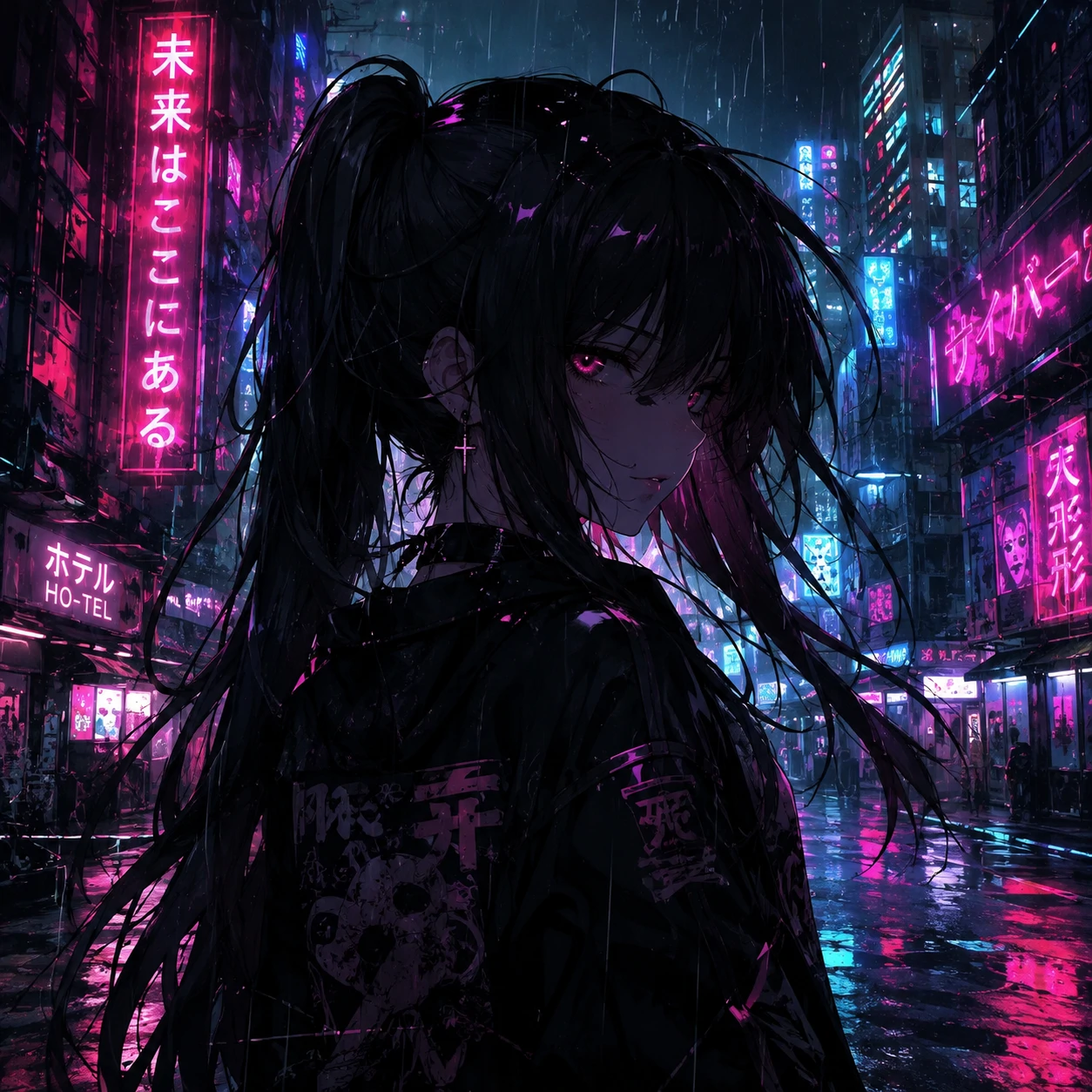 Dark anime girl avatar backlit by neon signs in a rainy city street