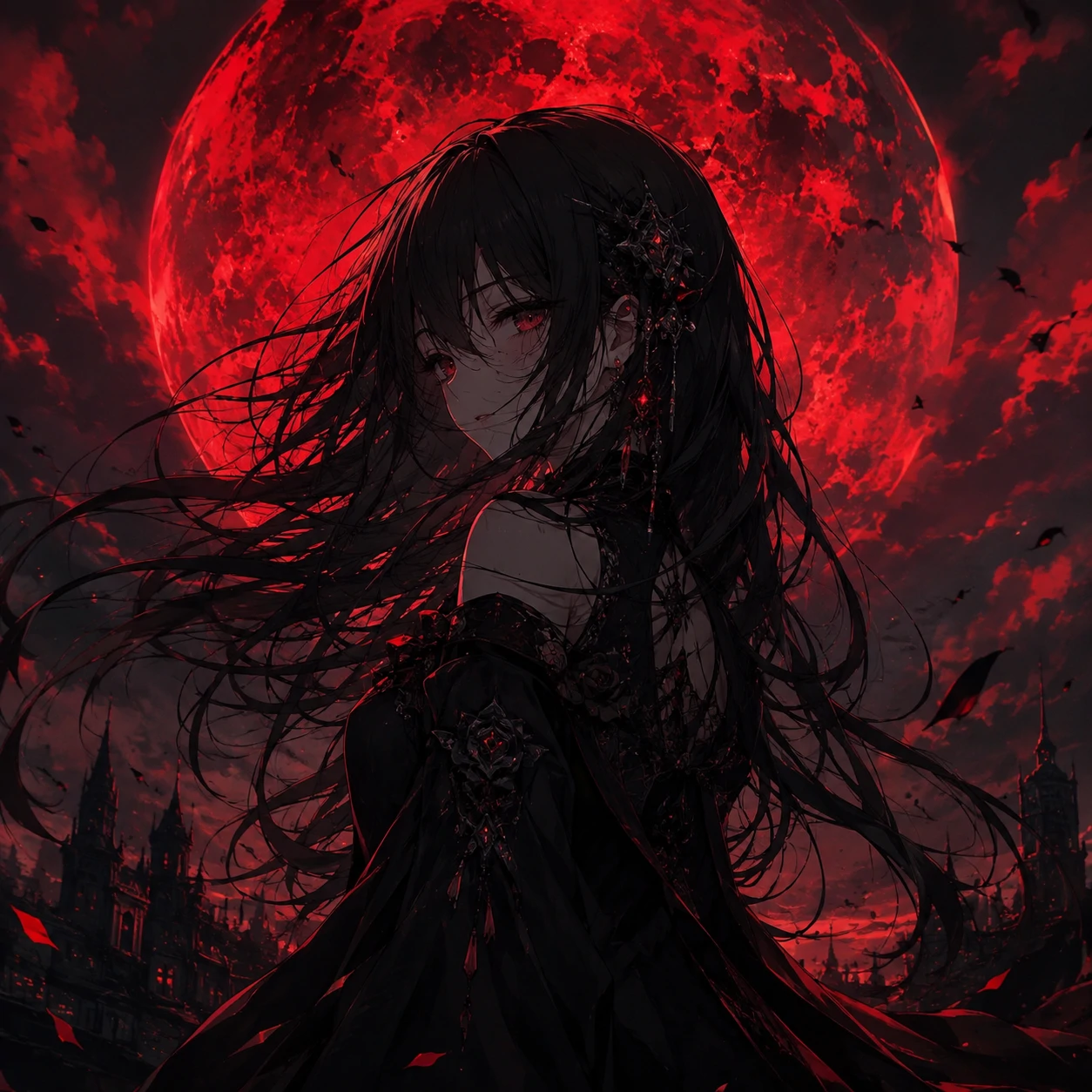Dark anime girl pfp standing under a red blood moon with wind-blown hair