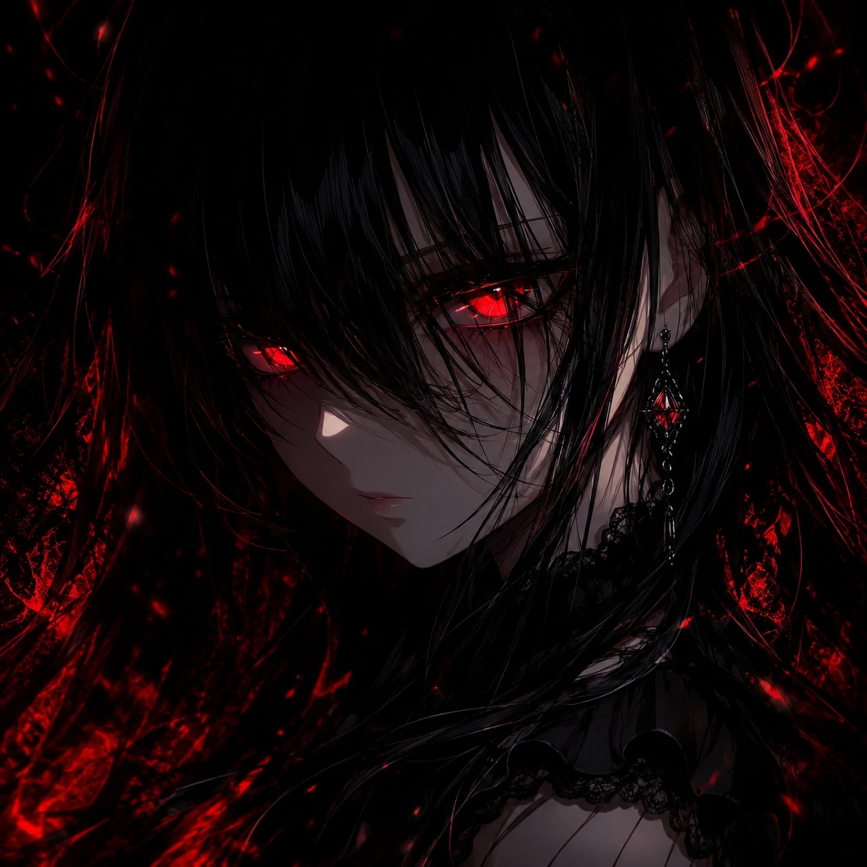 Dark anime girl pfp with glowing red eyes and shadowy black background