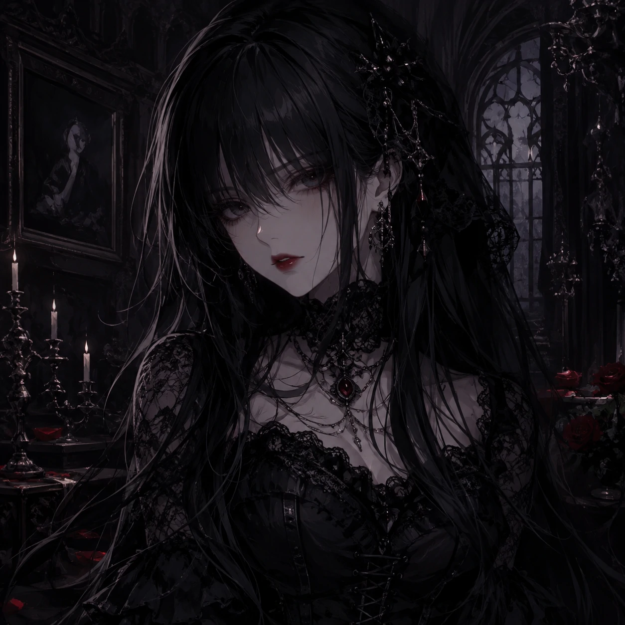 Dark anime pfp of a girl in a gothic black lace dress and choker