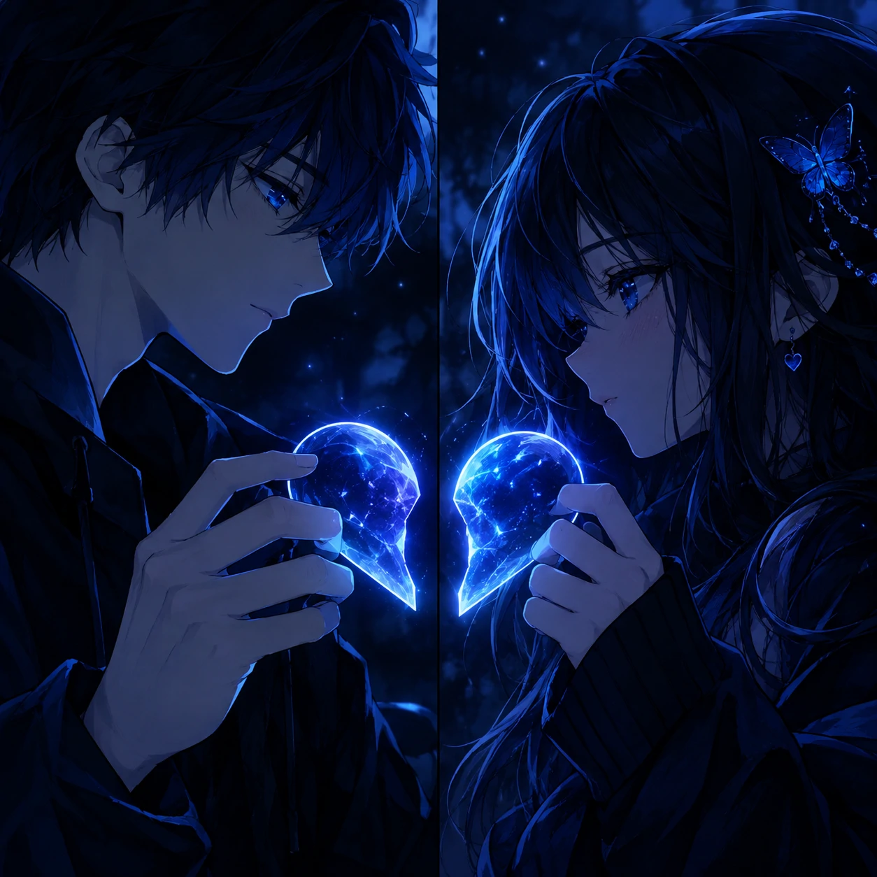 Dark blue matching PFP set with two halves of a glowing heart design