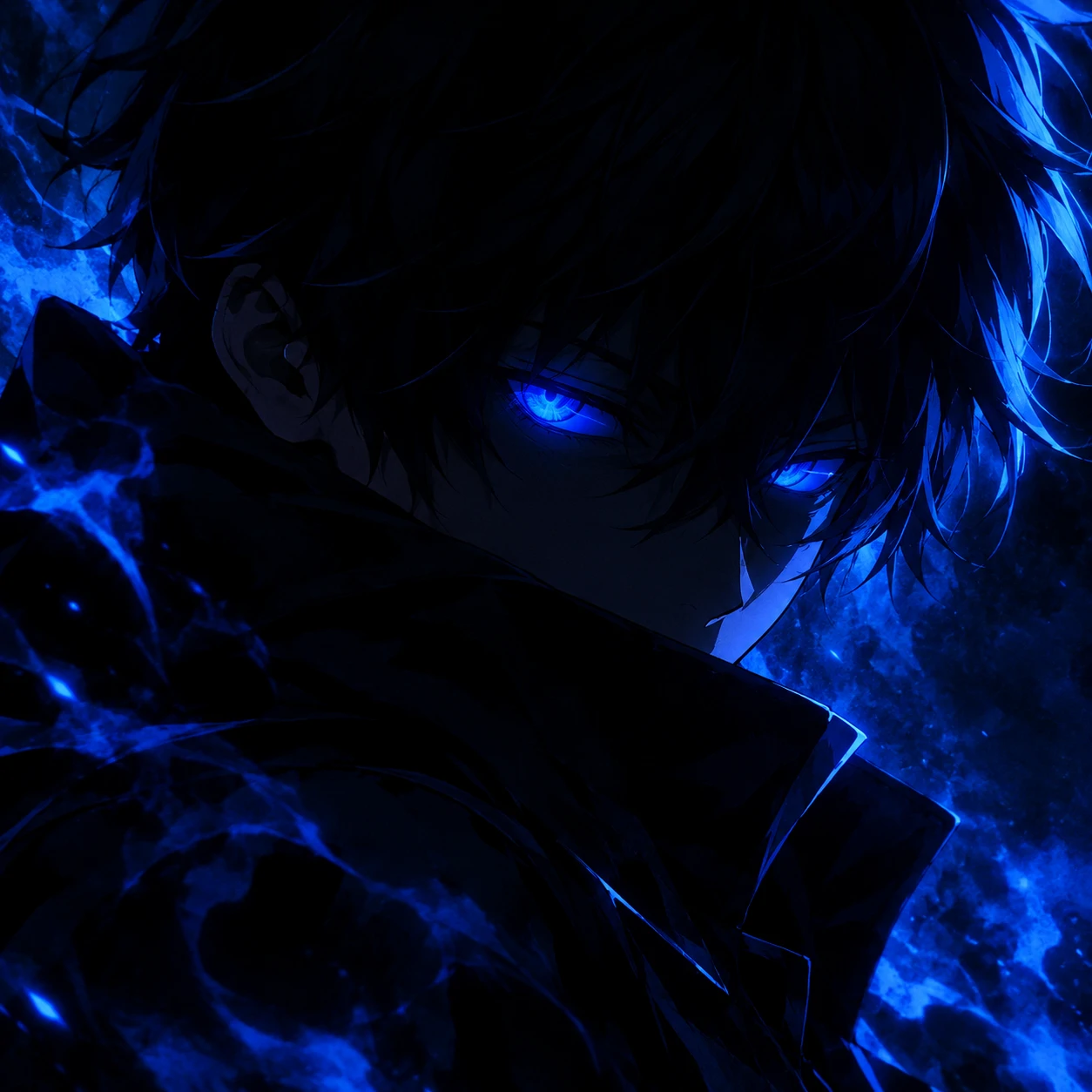 Dark blue anime PFP of a boy half-hidden in shadow with glowing blue eyes