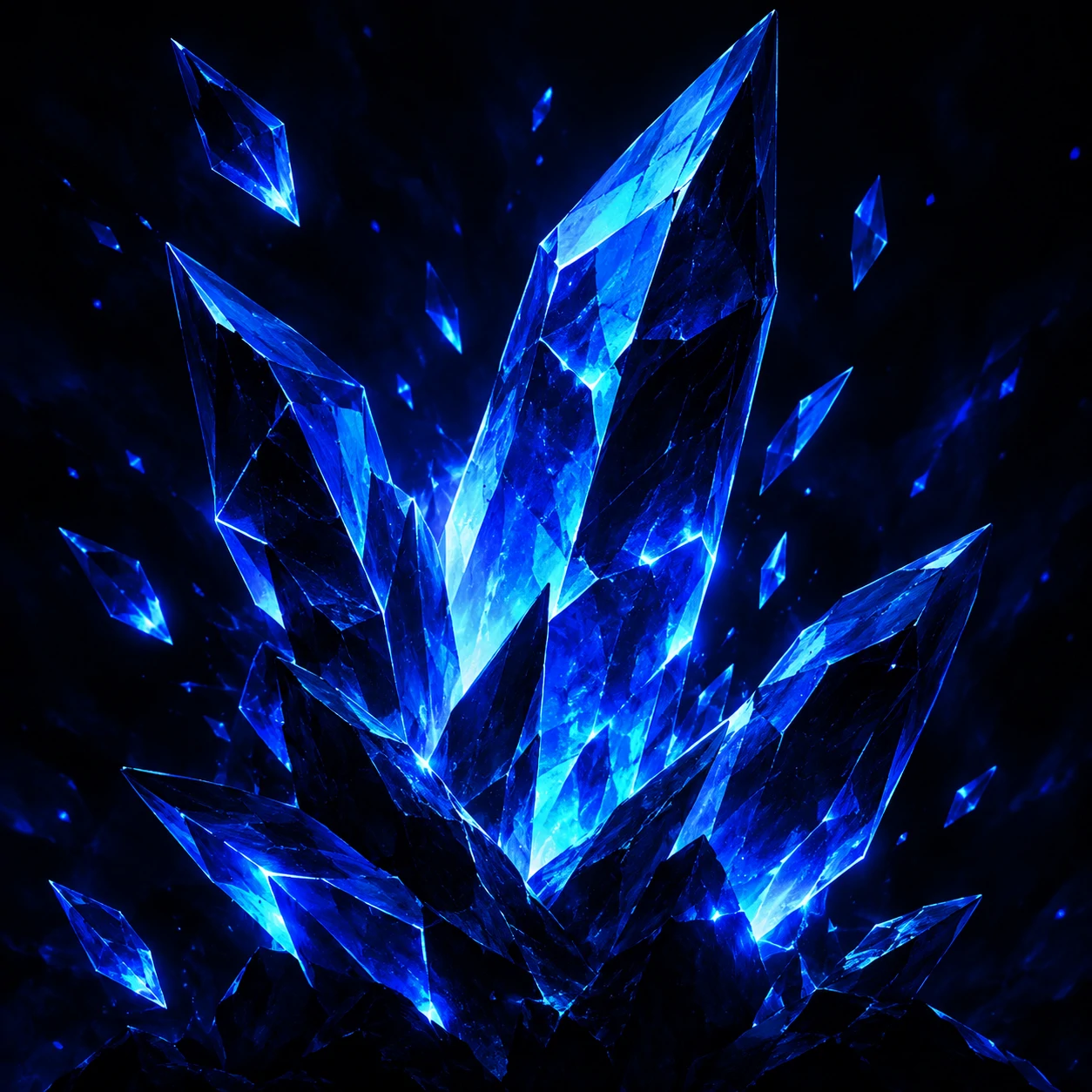 Dark blue profile picture with sharp glowing crystal shards on black background