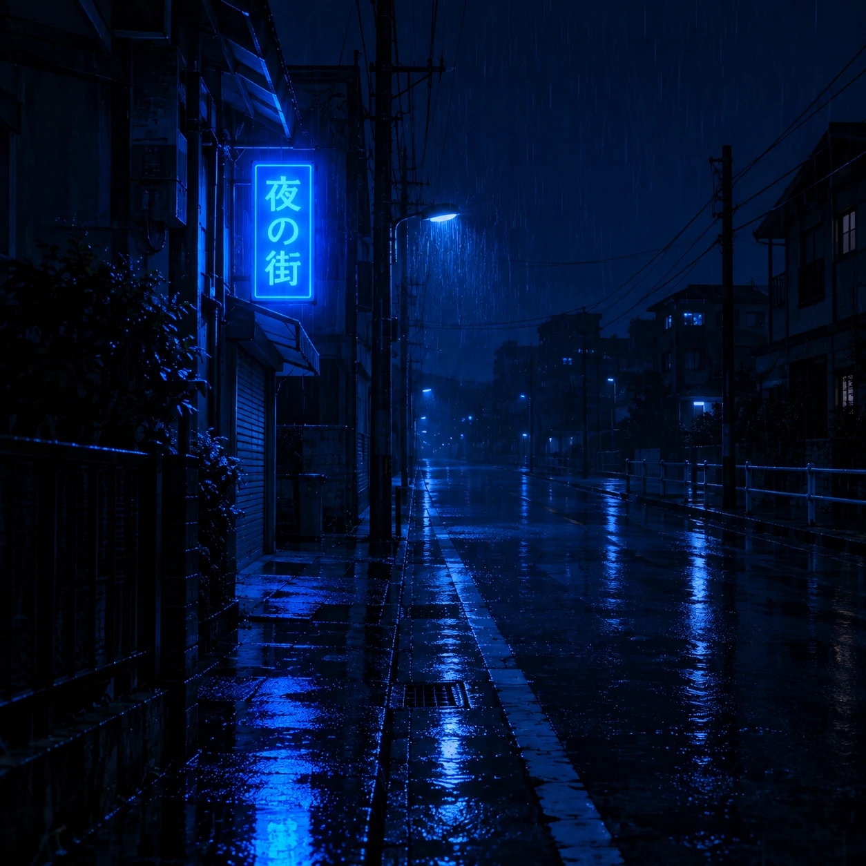 Dark blue aesthetic PFP of a rainy empty street lit by a single blue sign