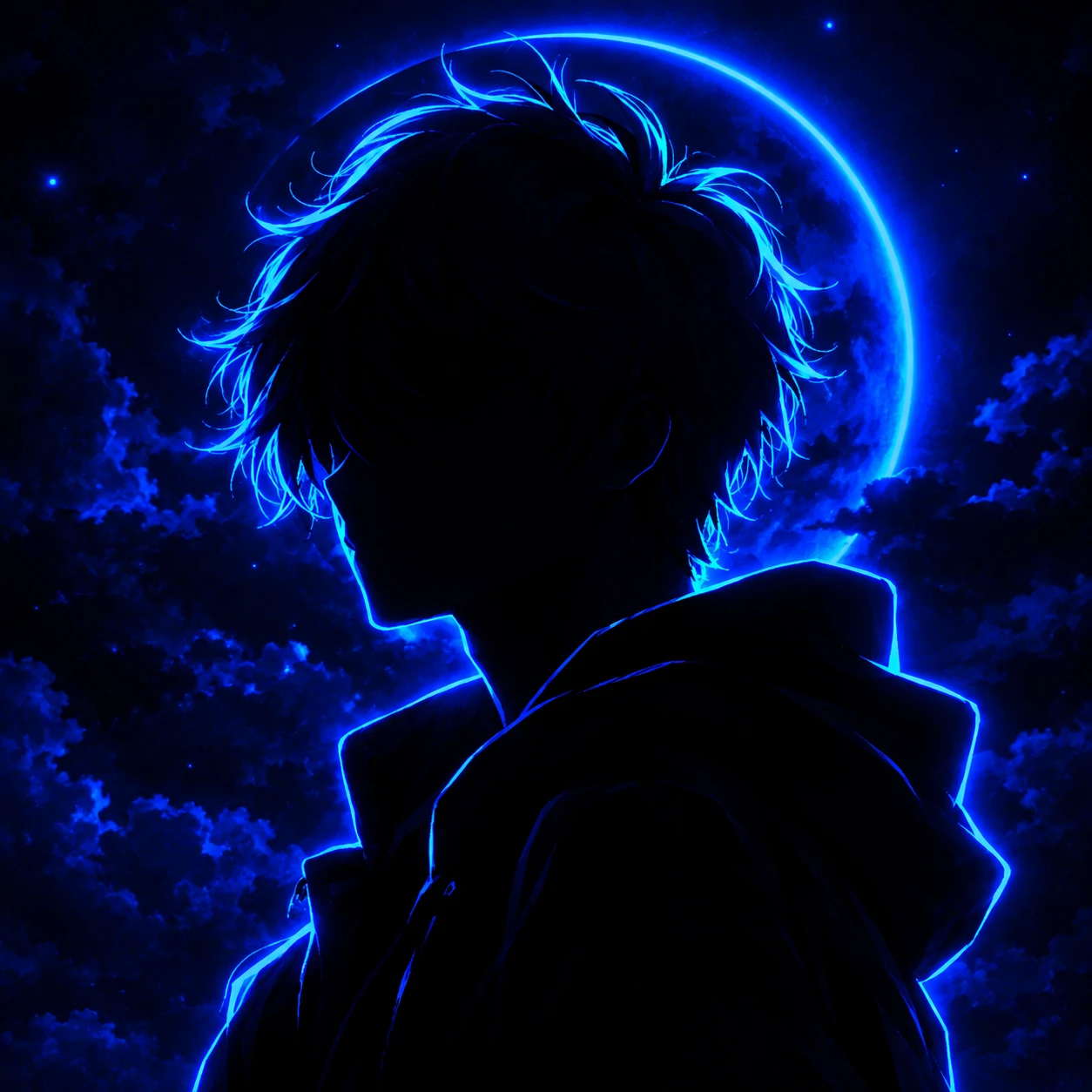 Dark blue PFP with a glowing neon silhouette against a midnight background