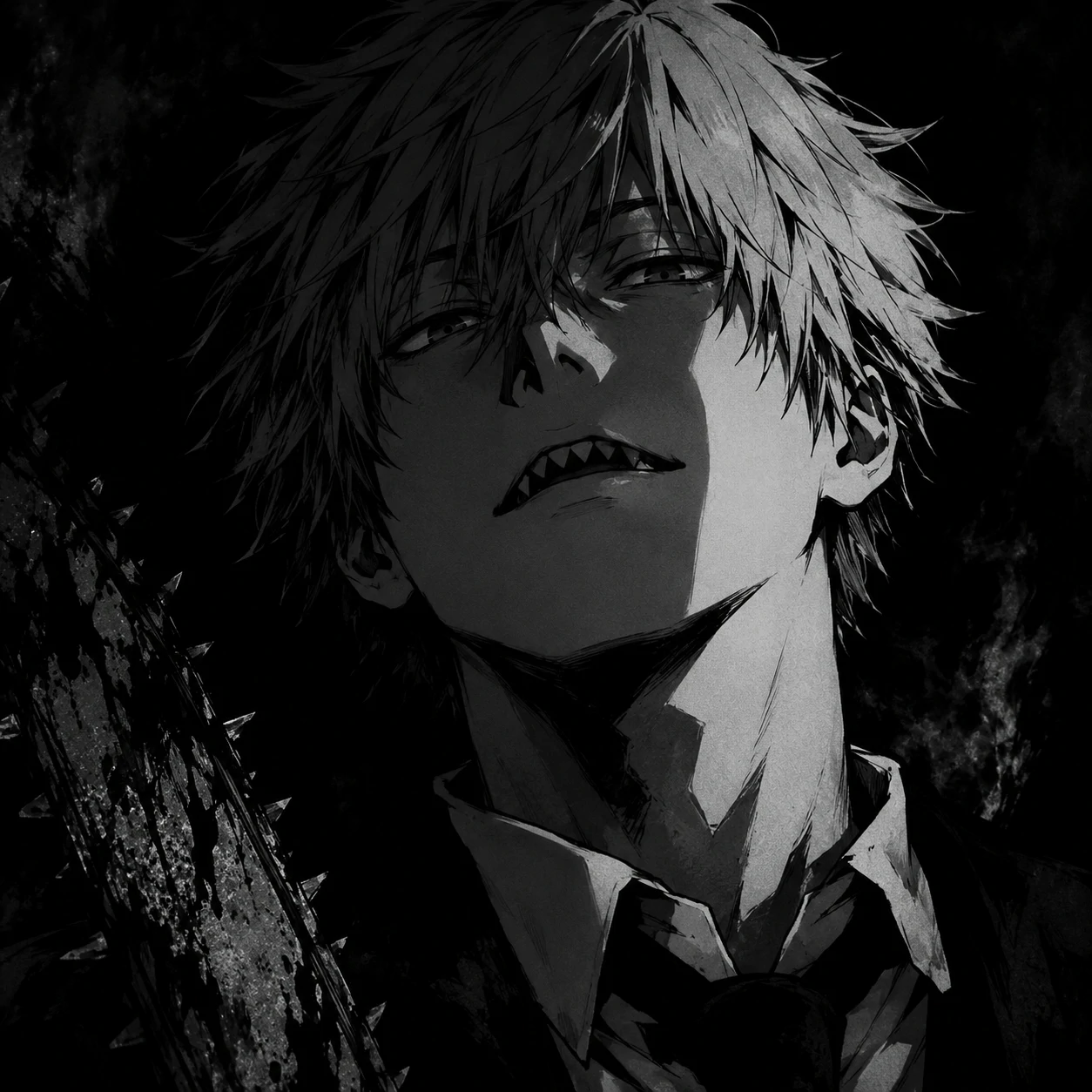 Dark themed black and white Denji PFP with shadowy background, anime art
