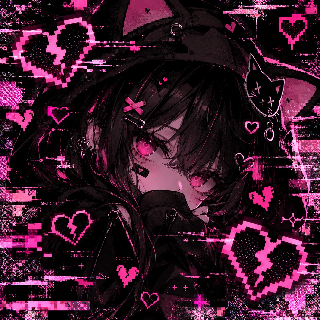 Dark kawaii PFP with glitch effects and broken pixel hearts in black and pink