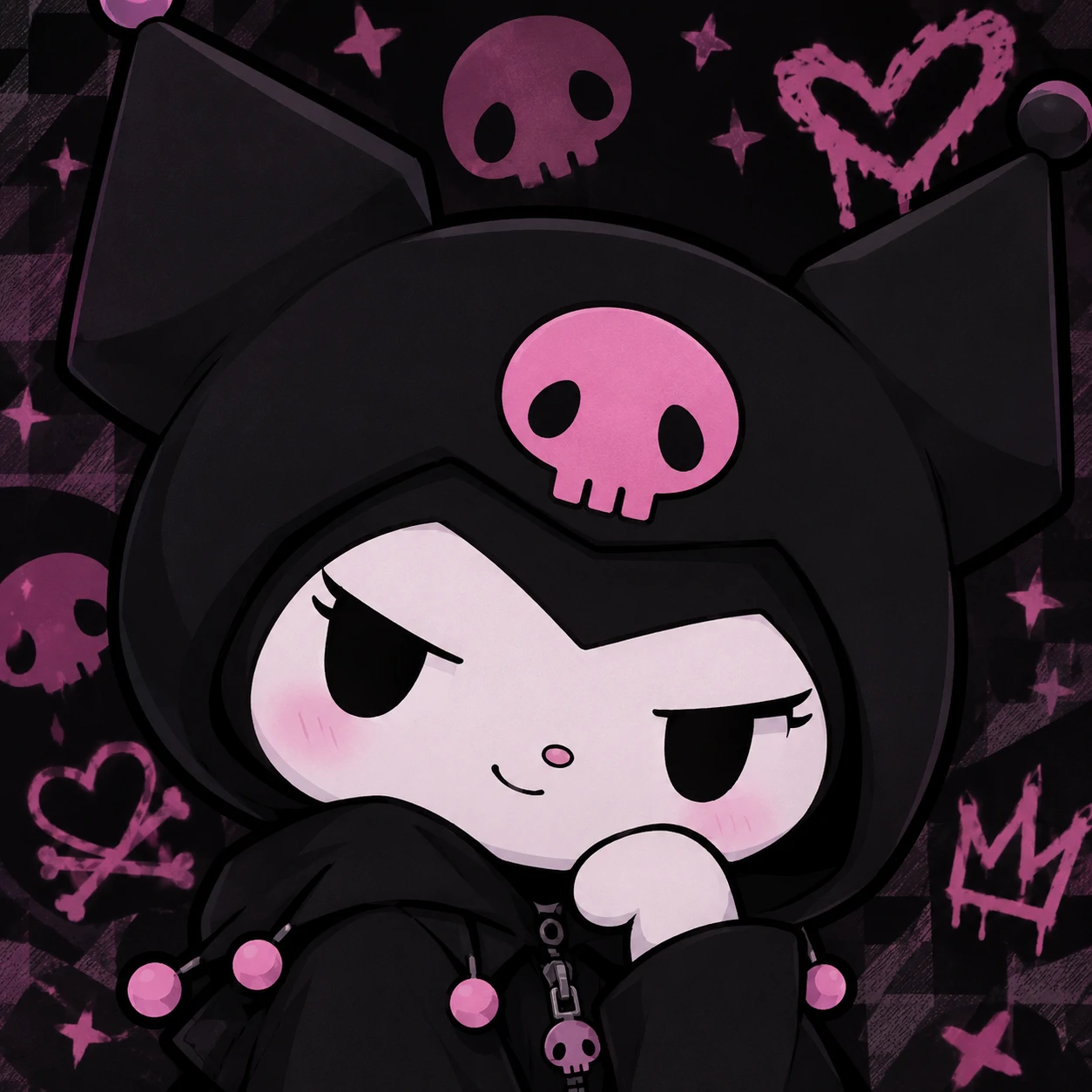 Dark kawaii PFP in Kuromi-inspired style with black hood and pink skull