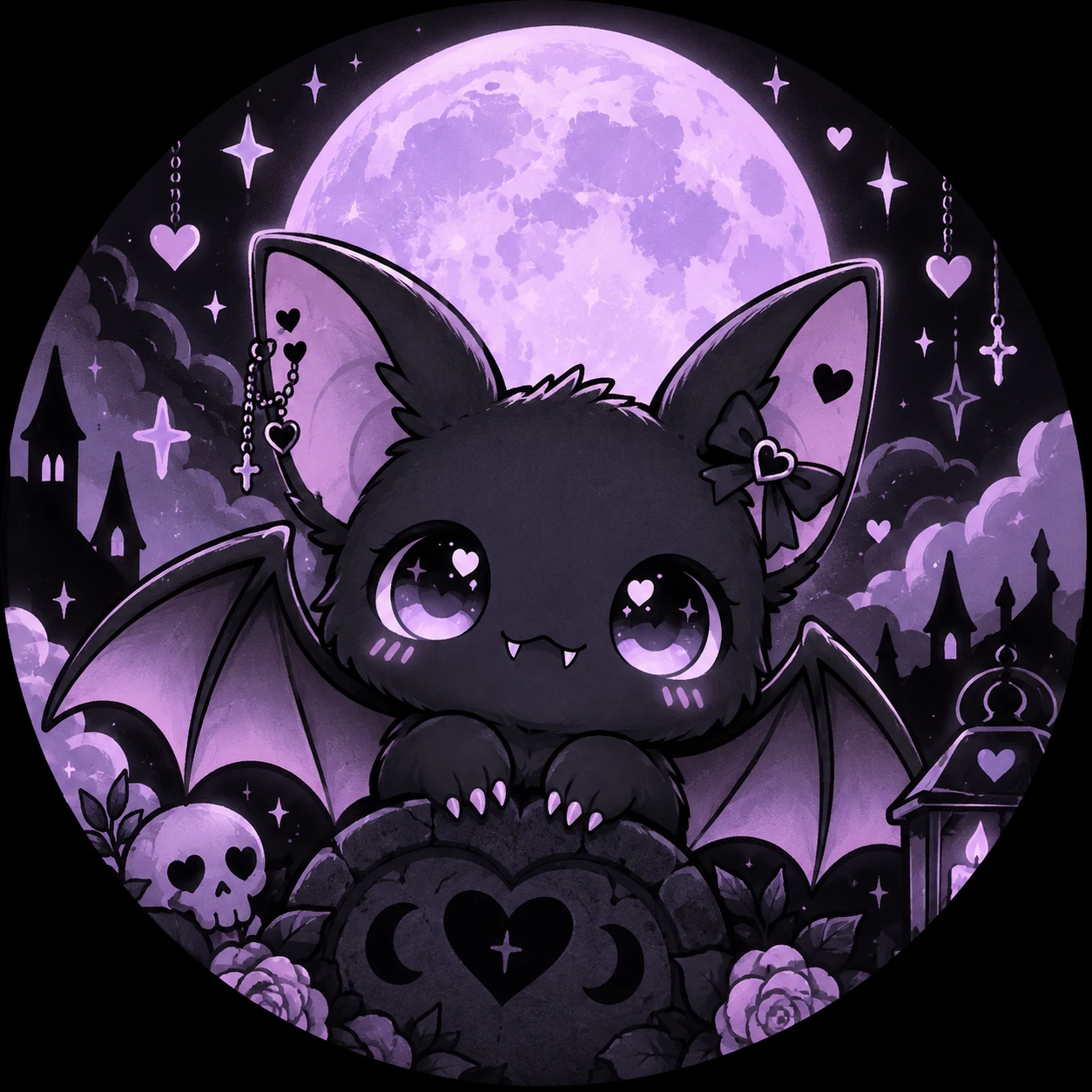 Dark kawaii pastel goth PFP with a cute bat character and lavender moon
