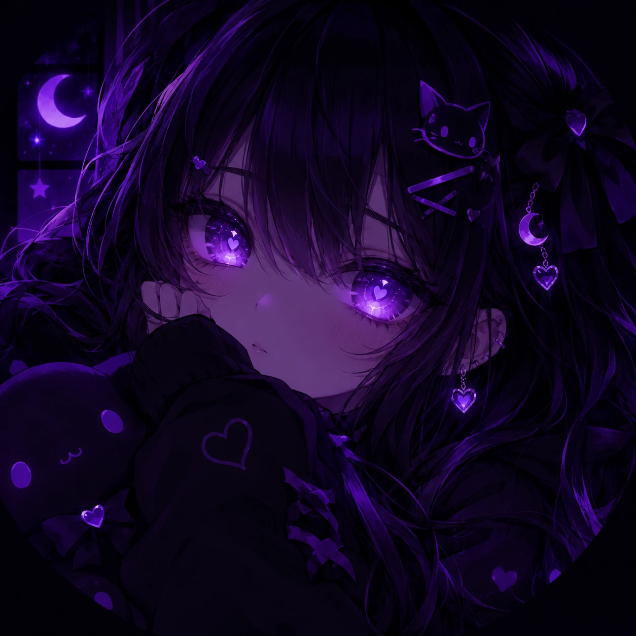 Dark kawaii PFP of an anime girl in deep purple tones with glowing eyes