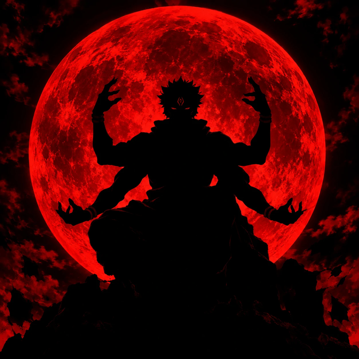 Dark Sukuna icon silhouetted against a blood red moon