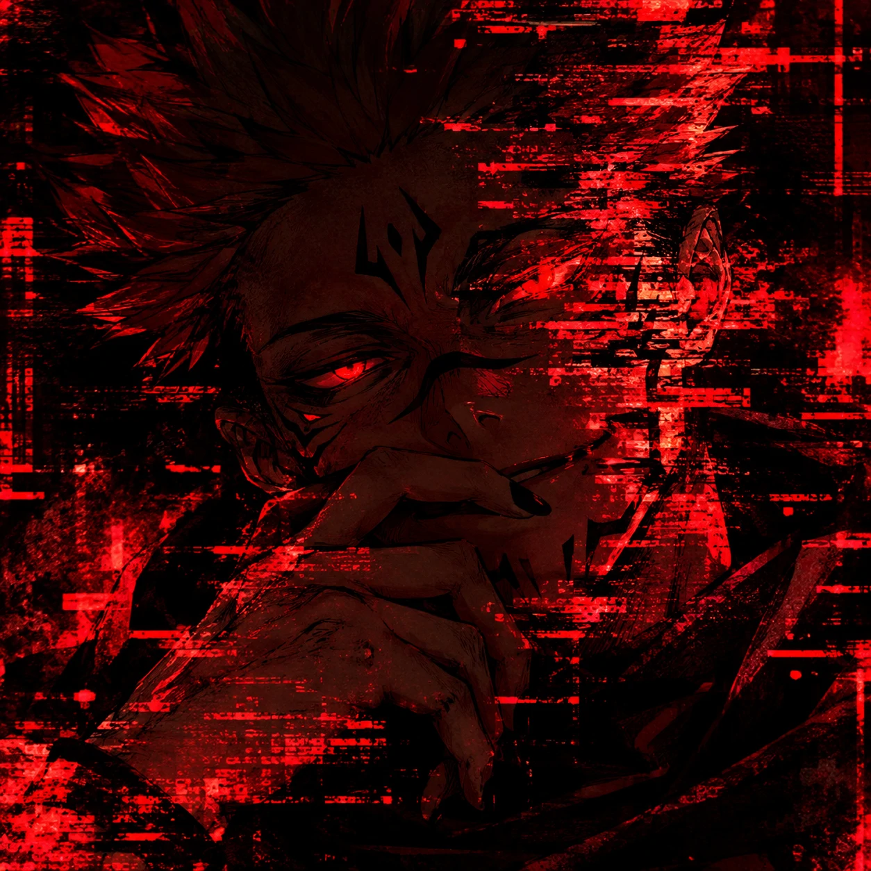 Dark Sukuna PFP with red glitch distortion effects across his face
