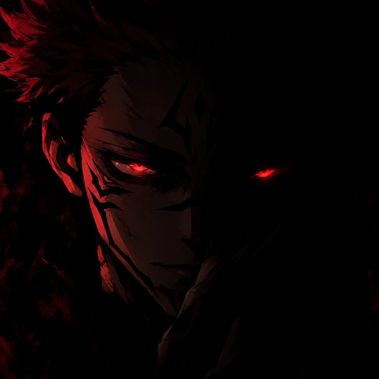 Dark Sukuna PFP with face half-hidden in shadow and glowing eyes