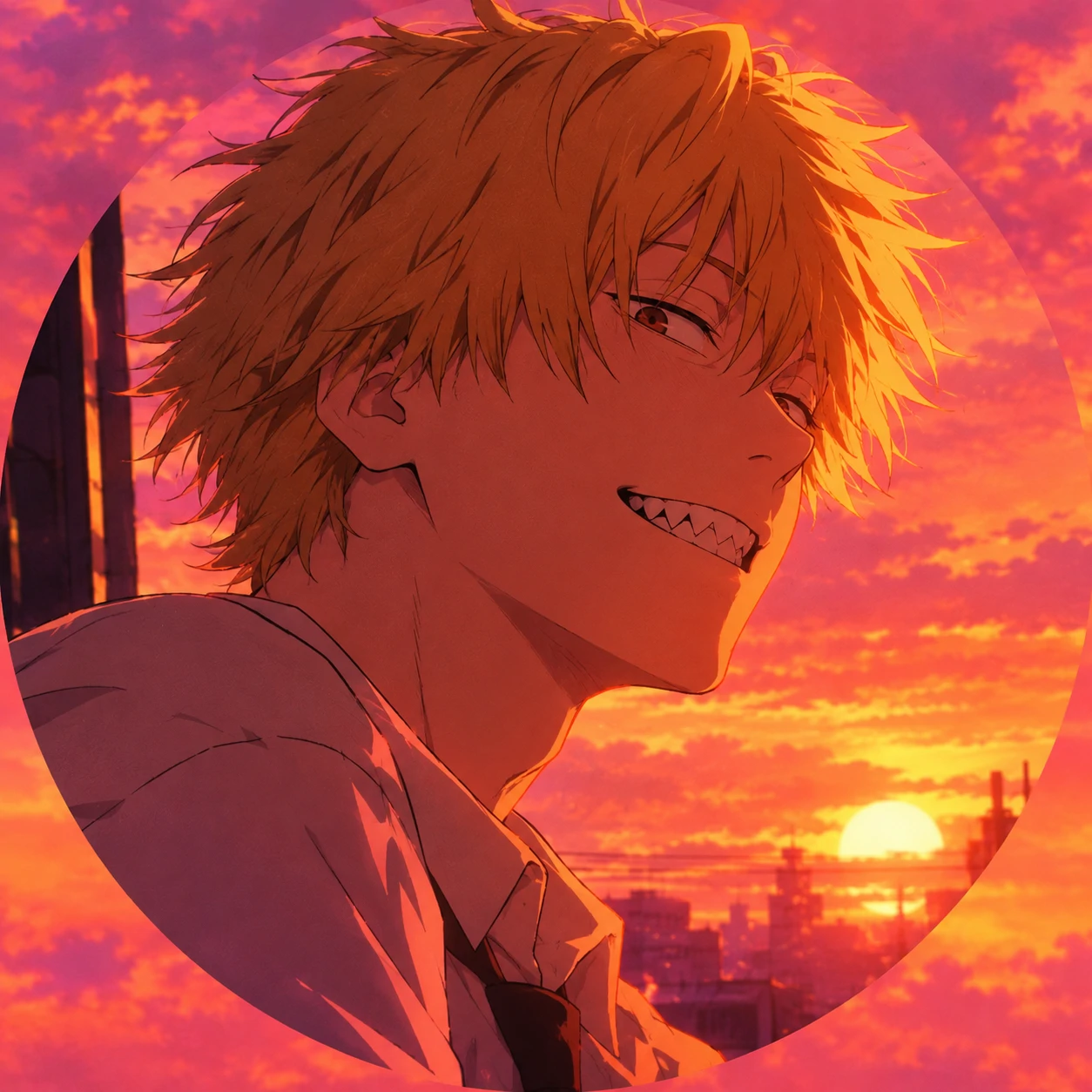 Aesthetic Denji PFP in sunset orange and pink colours, Chainsaw Man anime