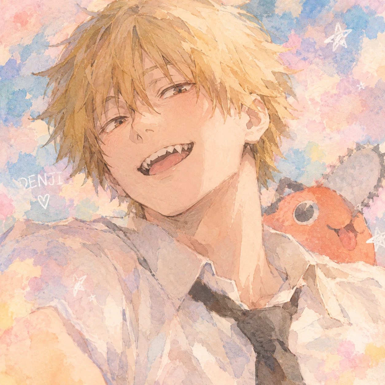 Denji anime fanart PFP in soft watercolour style with dreamy pastel background