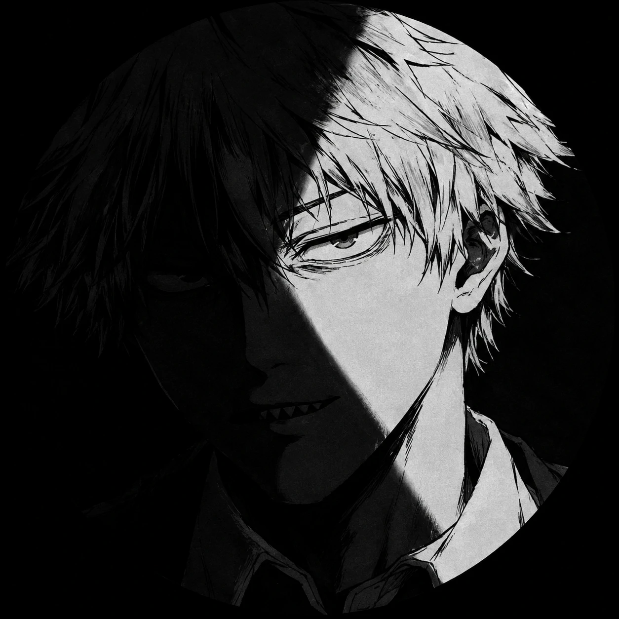 Denji black and white profile picture with dramatic shadow across his face