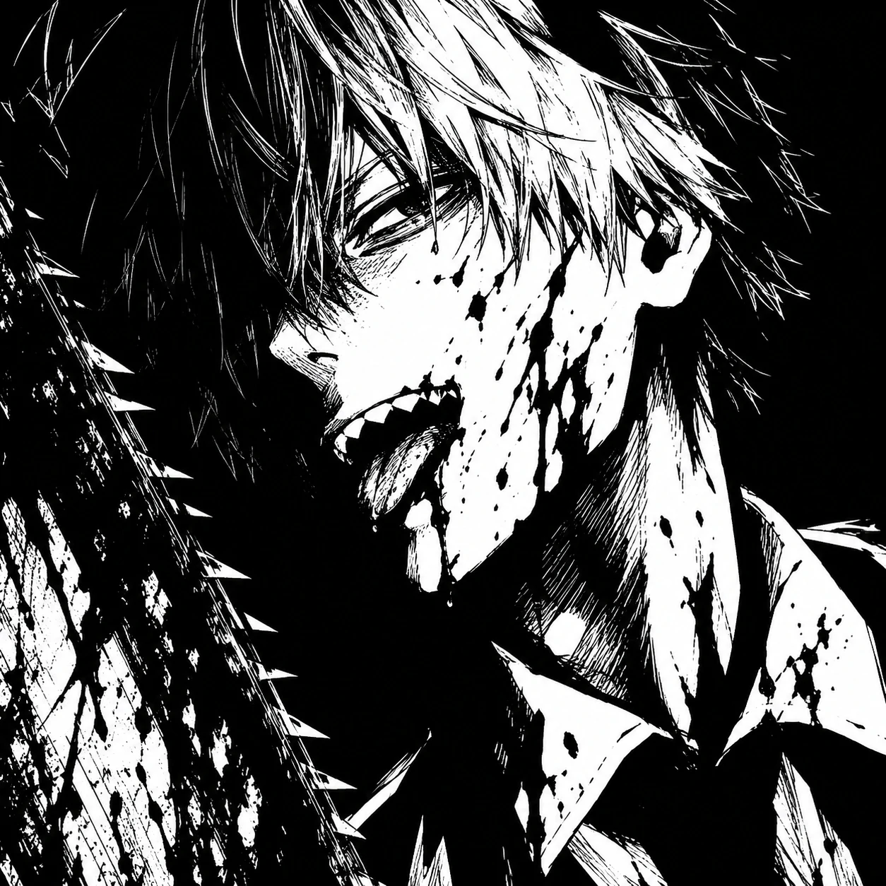 Dark black and white manga Denji PFP with heavy blacks and sharp linework