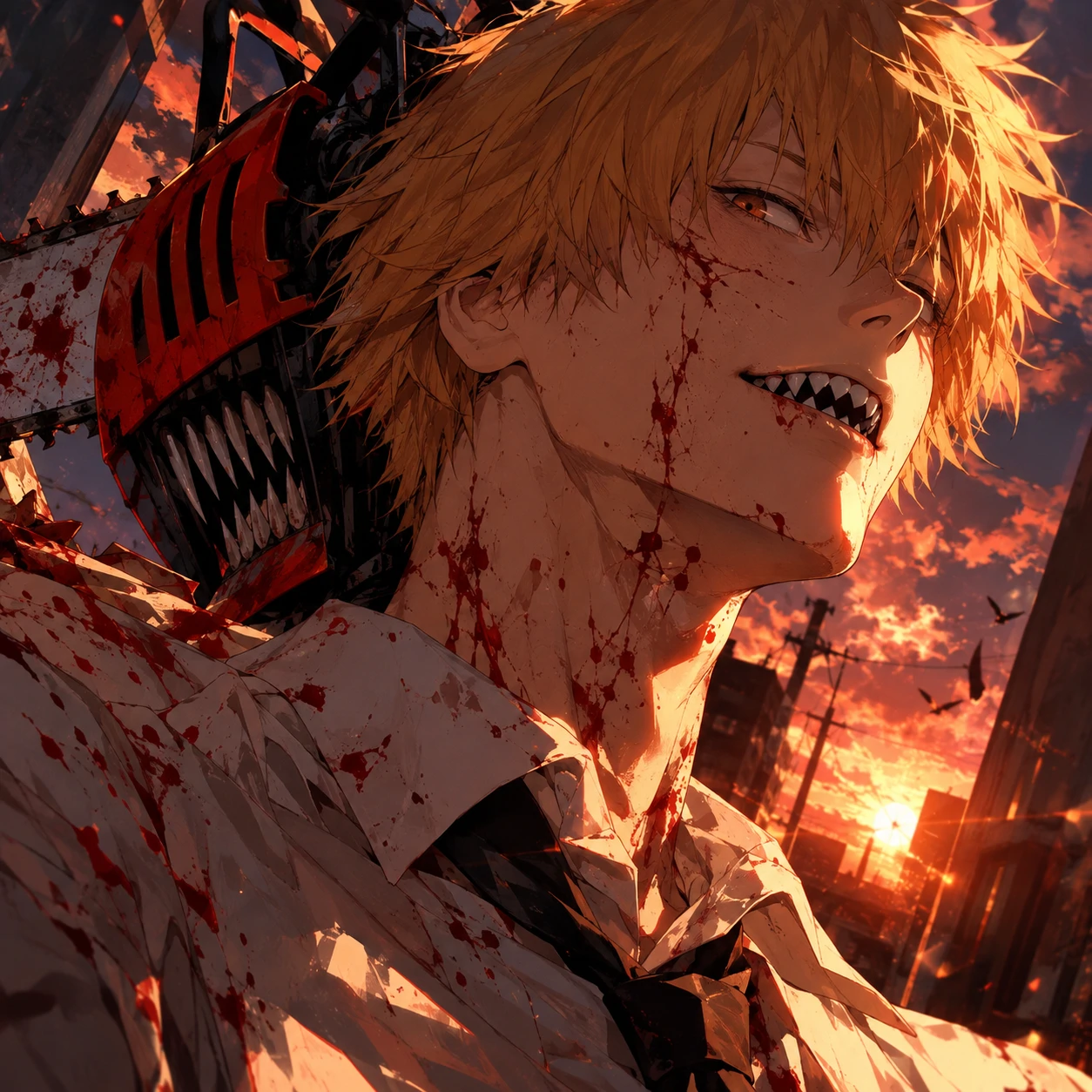 Denji fanart PFP in detailed digital anime art style with dramatic lighting