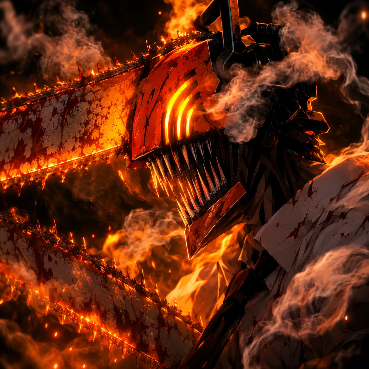 Denji hybrid chainsaw PFP from the anime with orange glow and smoke effects