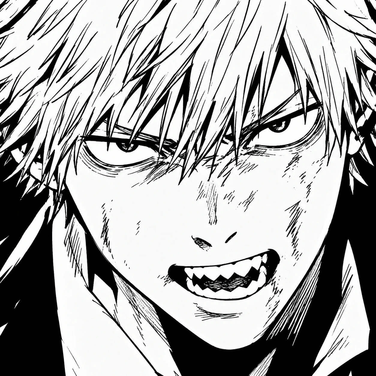 Close-up manga icon of Denji’s face with intense expression, black ink art