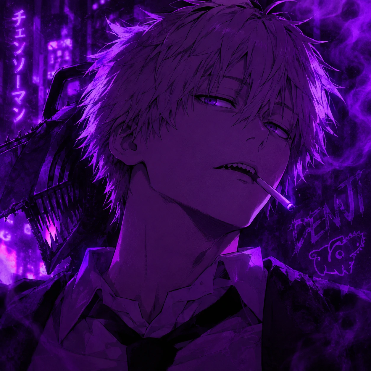 Purple mood aesthetic Denji PFP with neon-tinted Chainsaw Man anime art