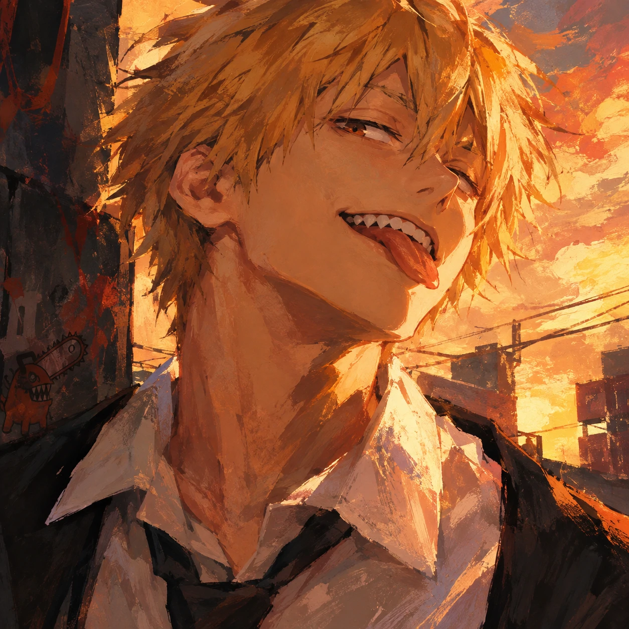 Denji PFP fanart in painterly digital art style with warm colour palette