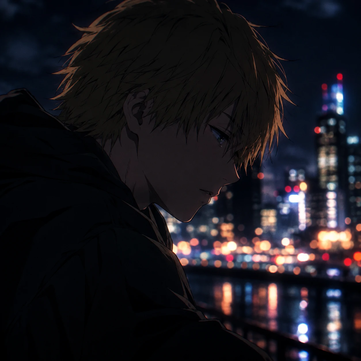 Sad Denji PFP at night with city lights blurred behind him, moody aesthetic