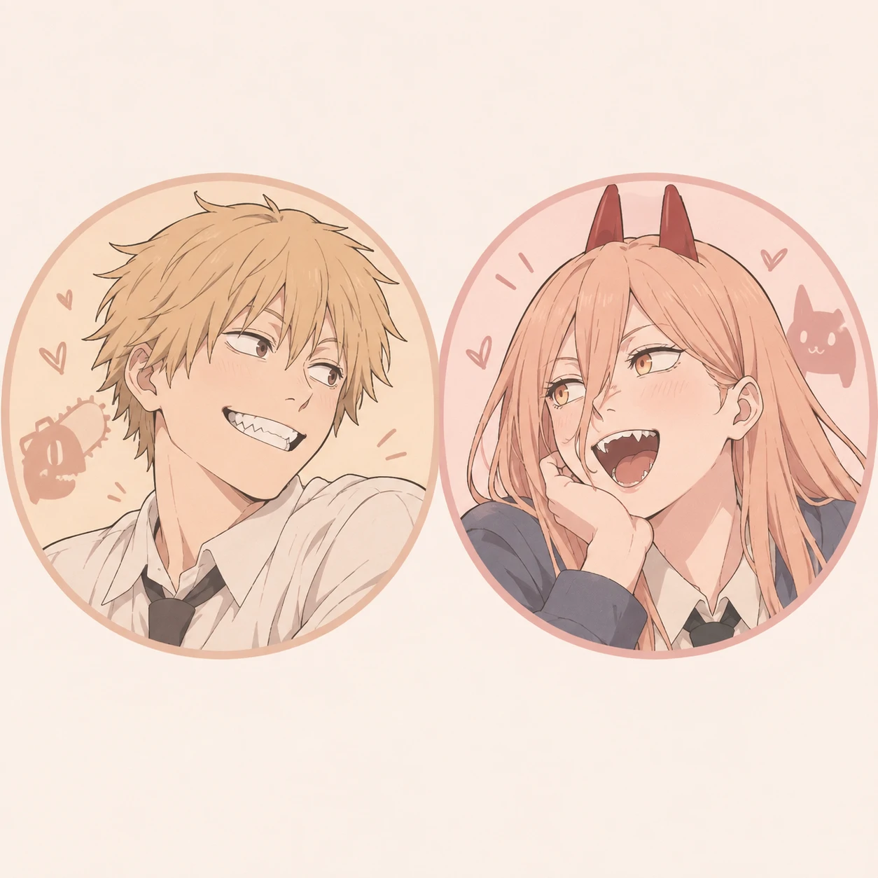 Denji and Power couple matching icons with soft colours, Chainsaw Man PFPs