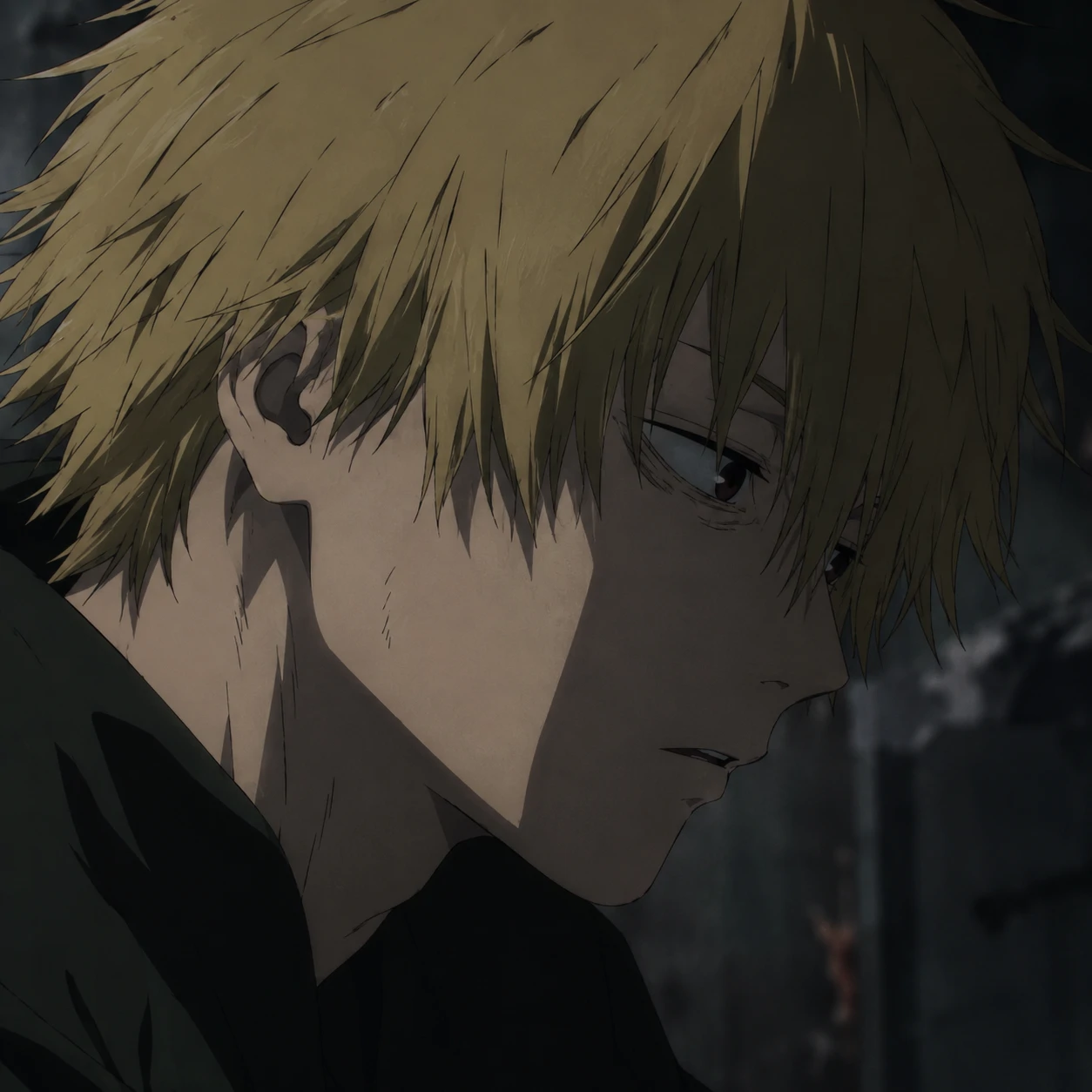 Denji sad profile picture with hollow expression, emotional Chainsaw Man anime