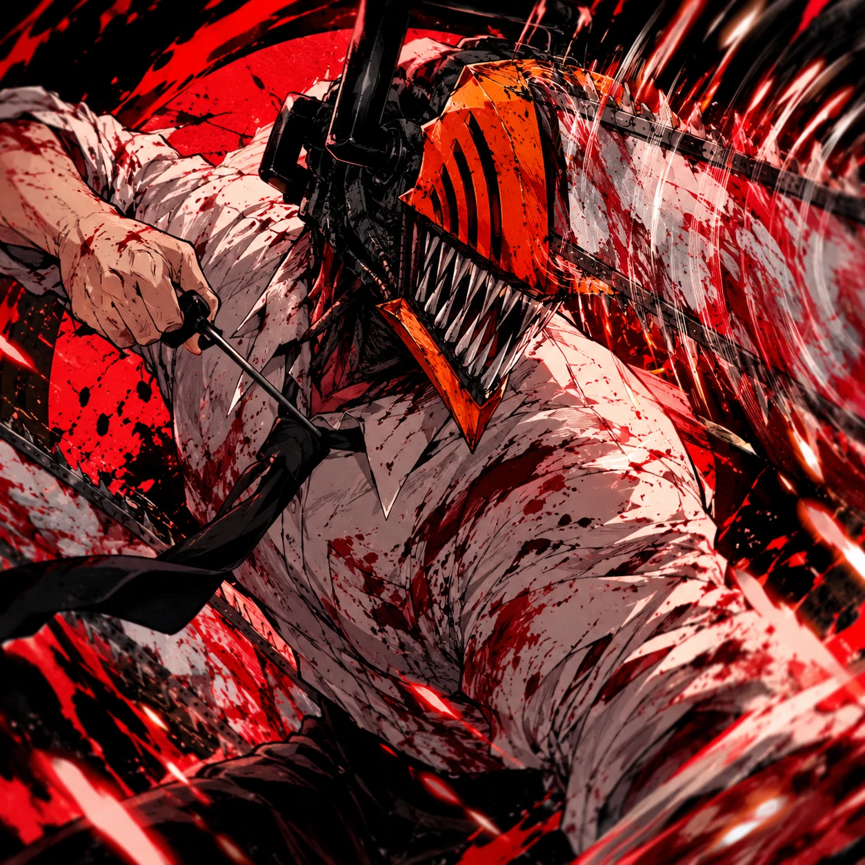Devil form Denji PFP revving his chainsaw head, dynamic Chainsaw Man action