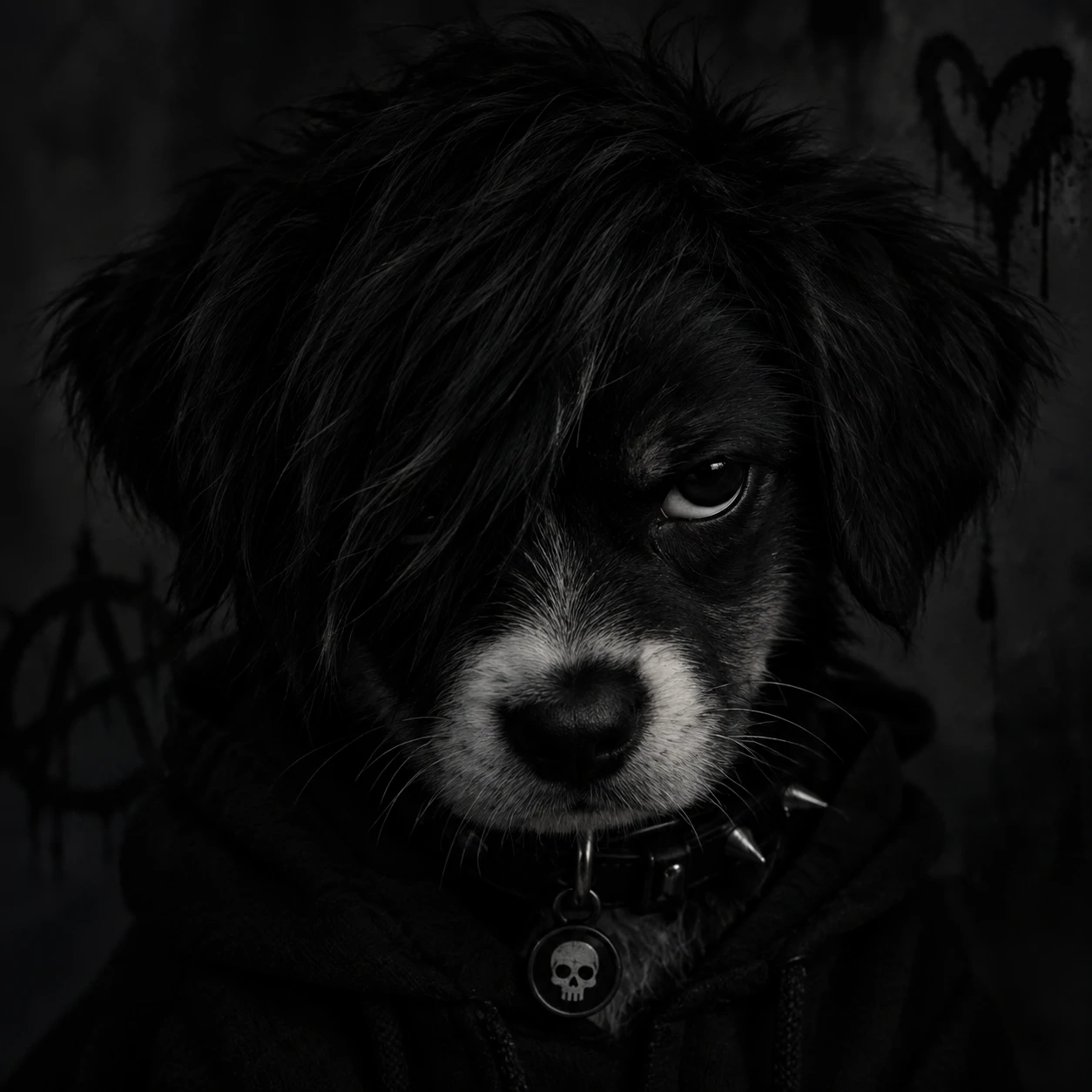 Emo puppy dog PFP for Discord with dark tones and moody expression