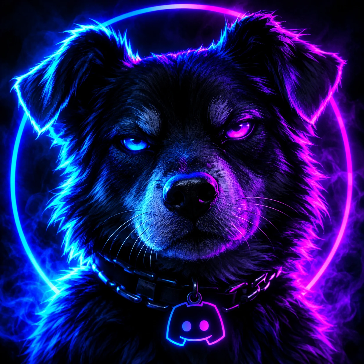 Edgy Discord dog PFP with neon glow effects around a dog's face